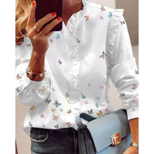 Joskaa Women Elegant Fashion Butterfly Print Blouses Top Ruffled Trim Casual Long Sleeve Blouse