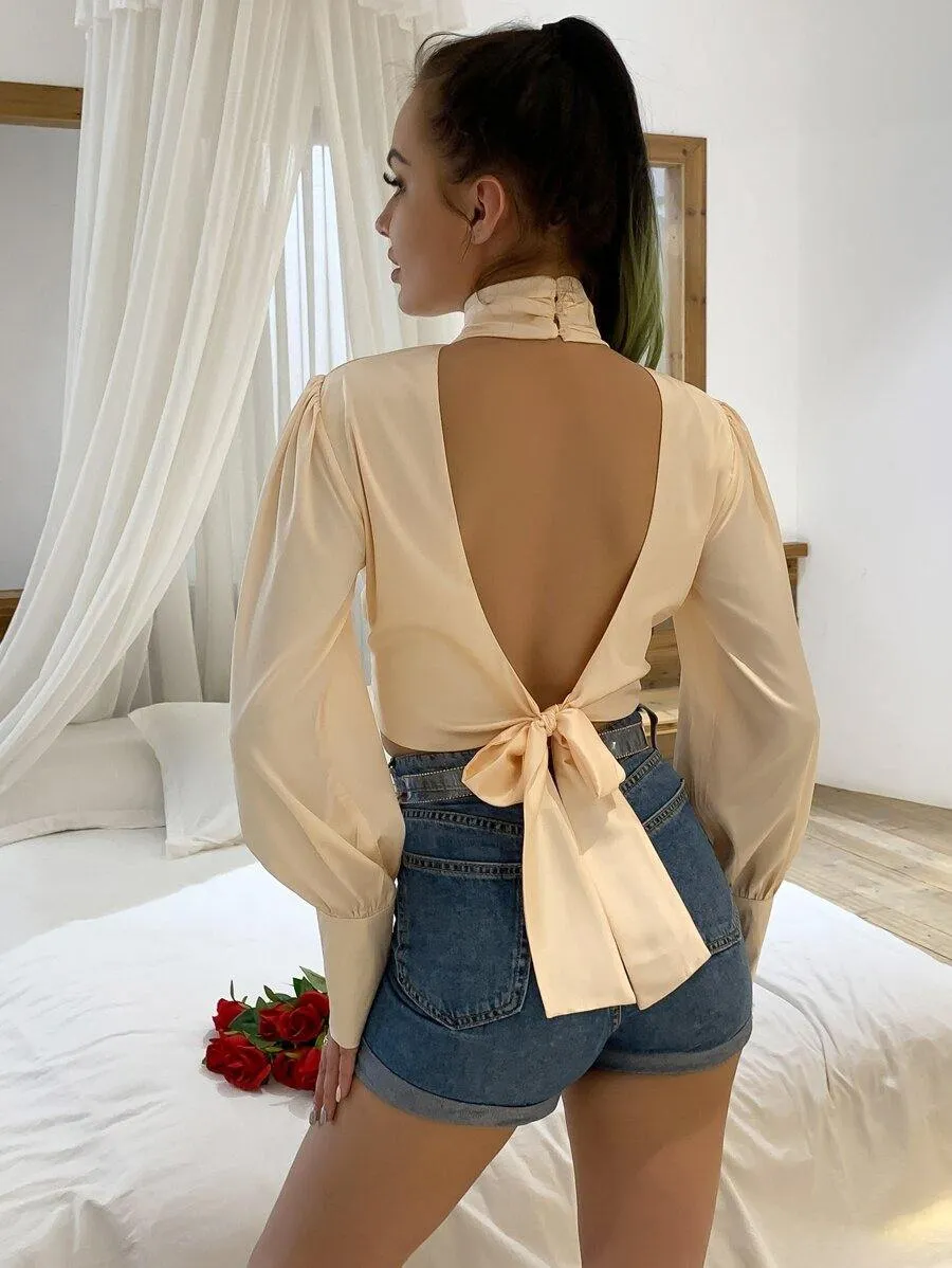 Joyfunear High Neck Tie Back Top