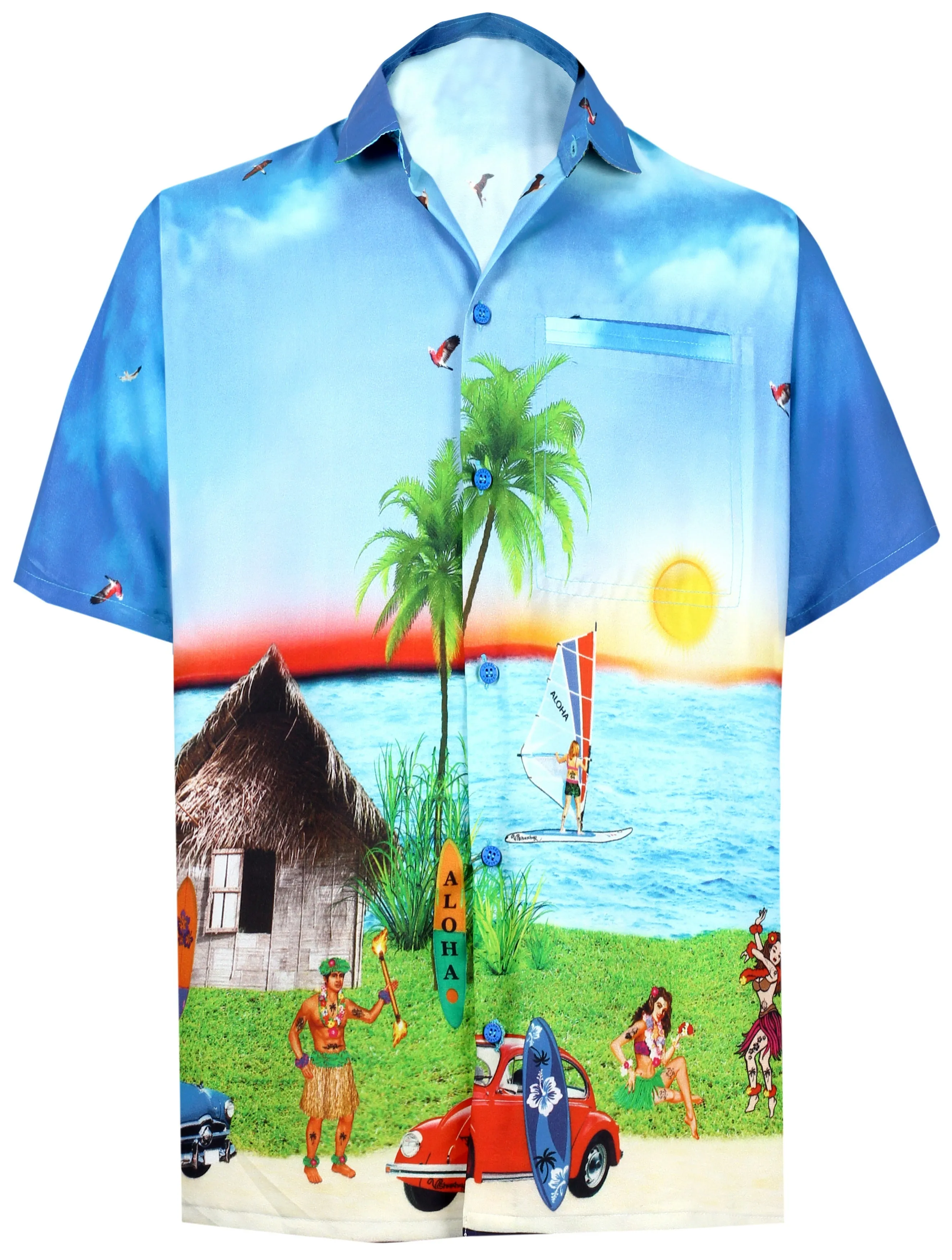 LA LEELA Shirt Casual Button Down Short Sleeve Beach Shirt Men Aloha Pocket shirt Blue_W598