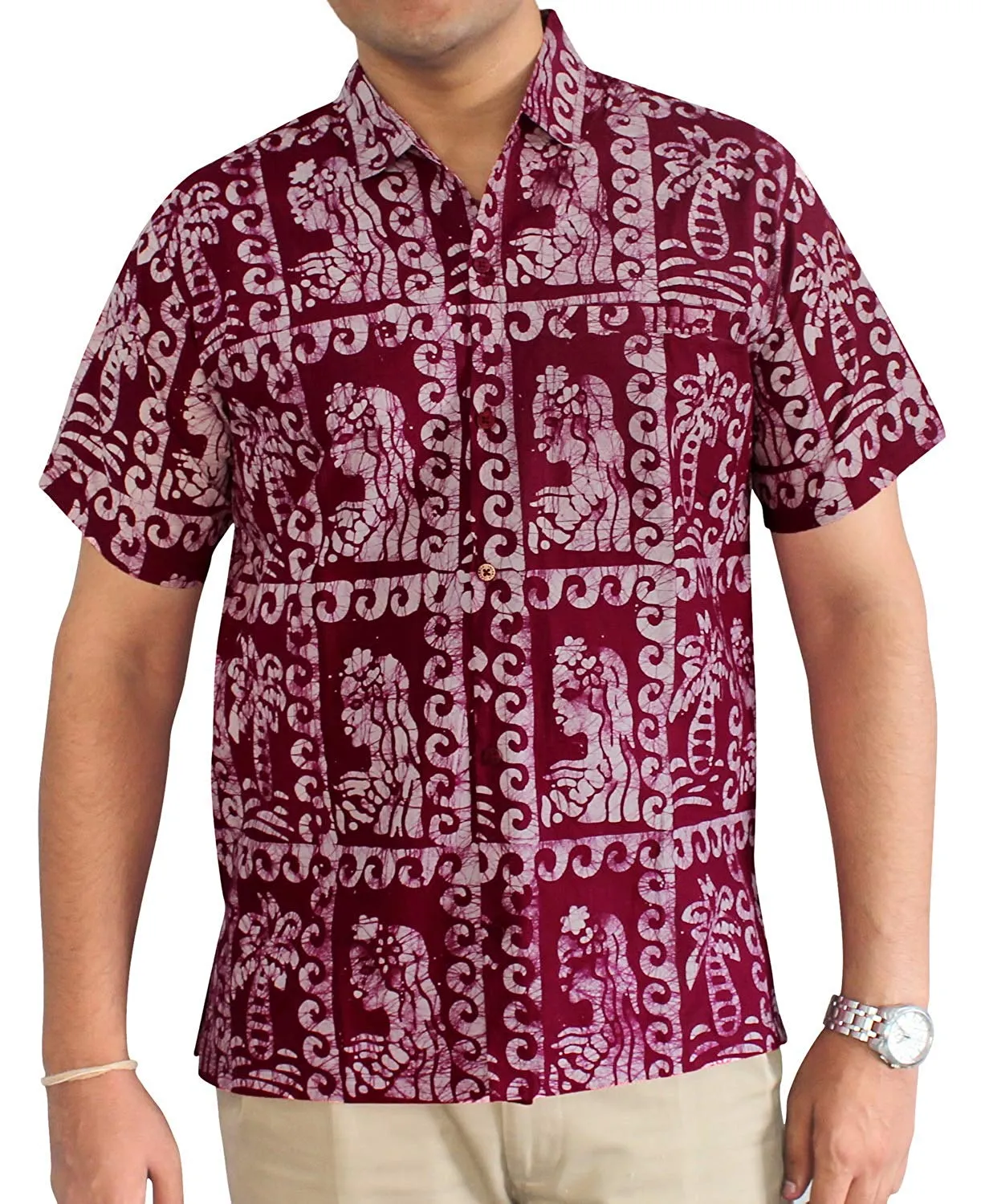 LA LEELA Shirt Casual Button Down Short Sleeve Beach Shirt Men Pocket Batik 27