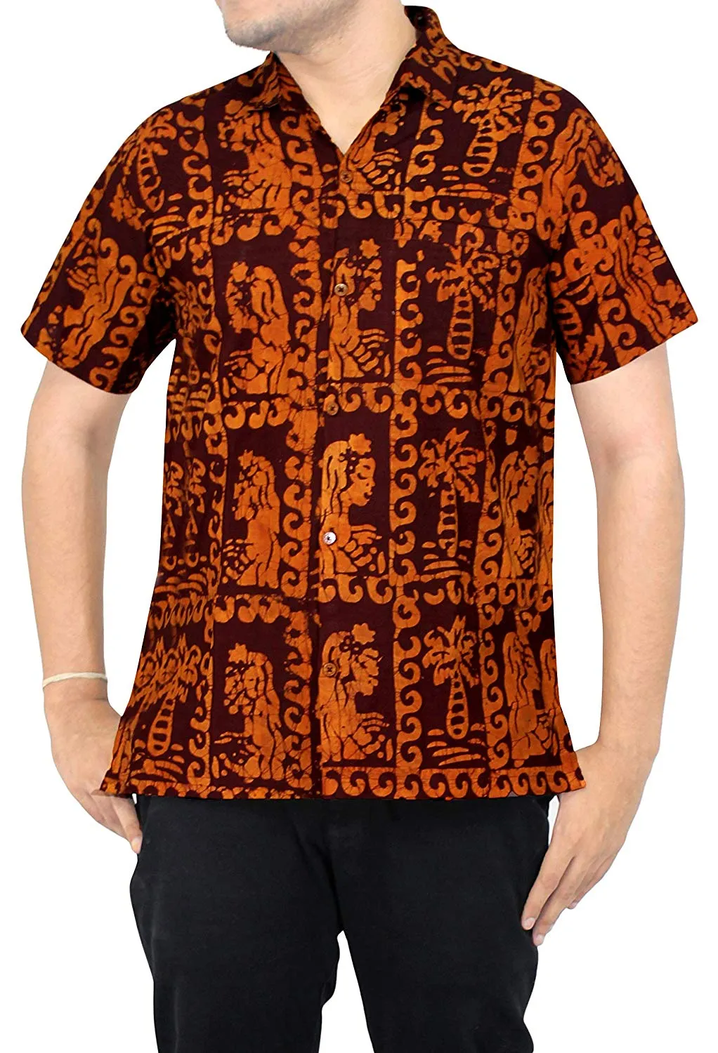 LA LEELA Shirt Casual Button Down Short Sleeve Beach Shirt Men Pocket Batik 27