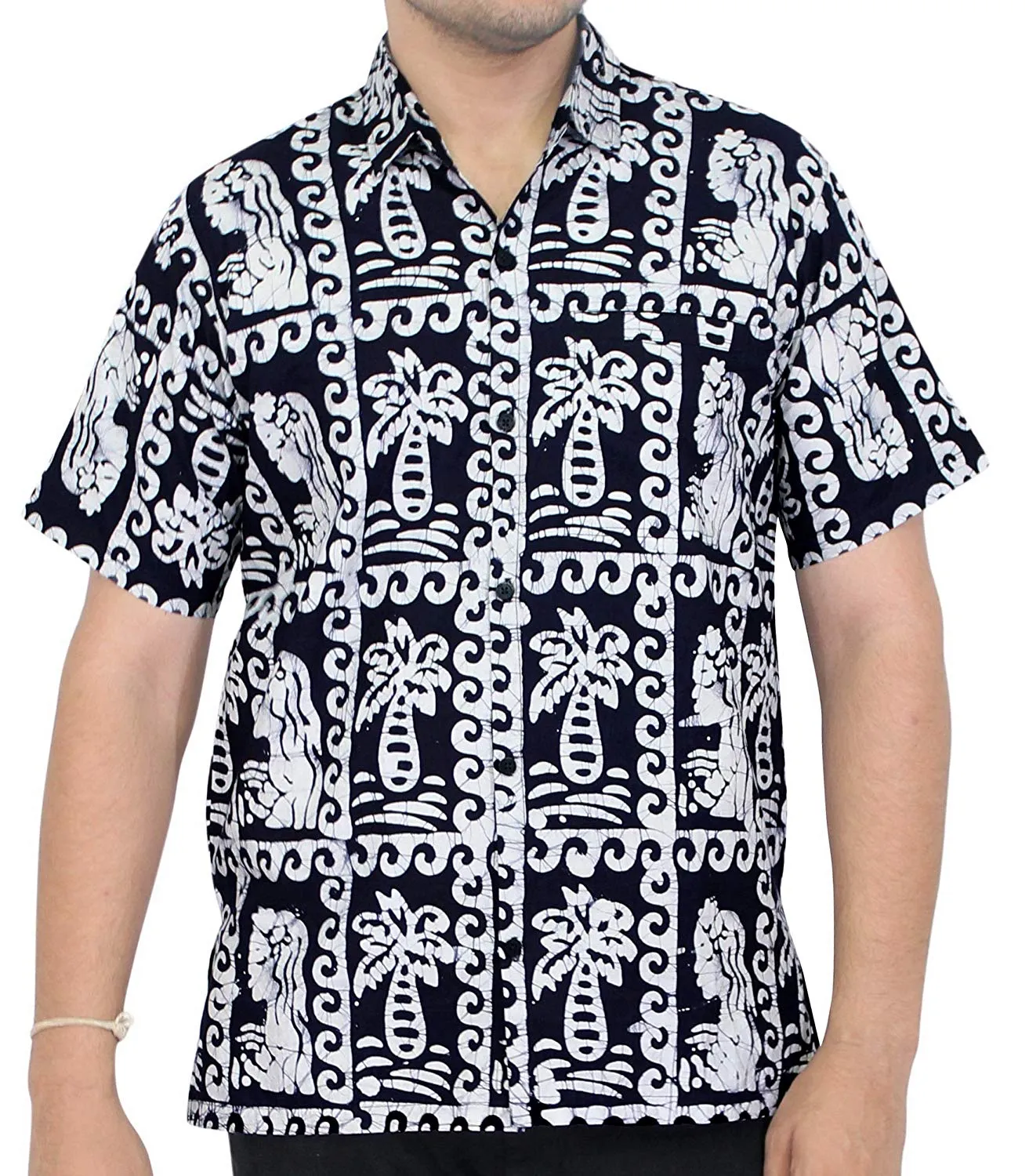 LA LEELA Shirt Casual Button Down Short Sleeve Beach Shirt Men Pocket Batik 27