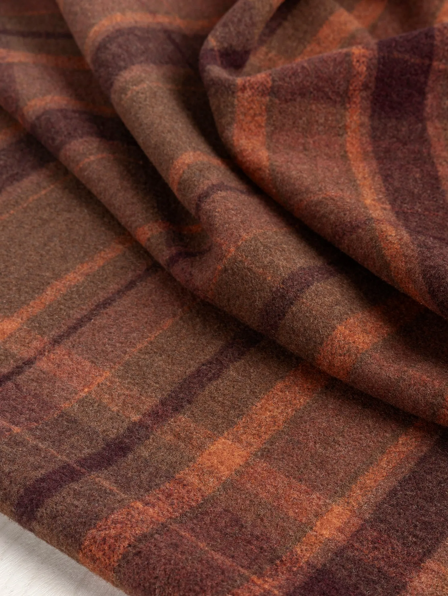 Large Plaid Melton Wool Blend Deadstock - Orange   Olive   Bordeaux - Swatch