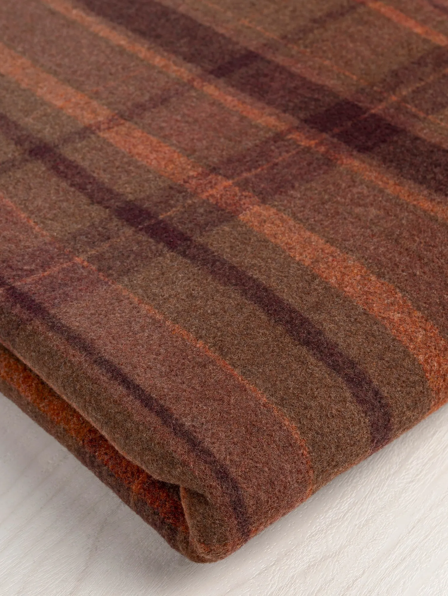 Large Plaid Melton Wool Blend Deadstock - Orange   Olive   Bordeaux - Swatch