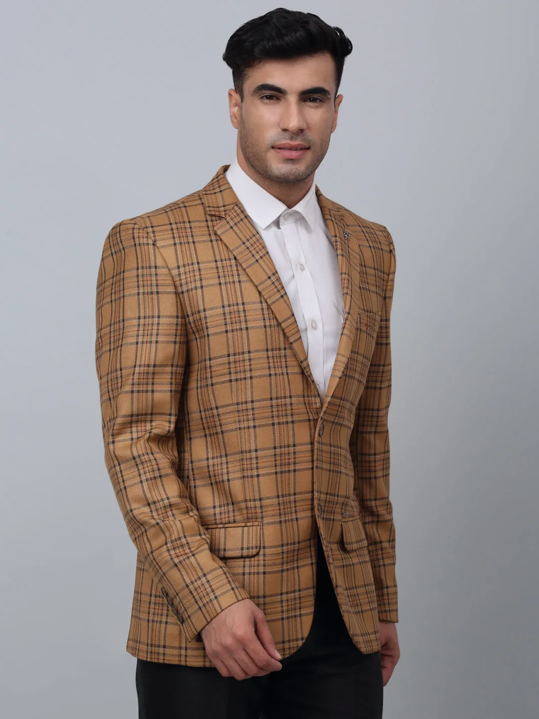 Light Brown Checkered Full Sleeves Formal Blazer For Men