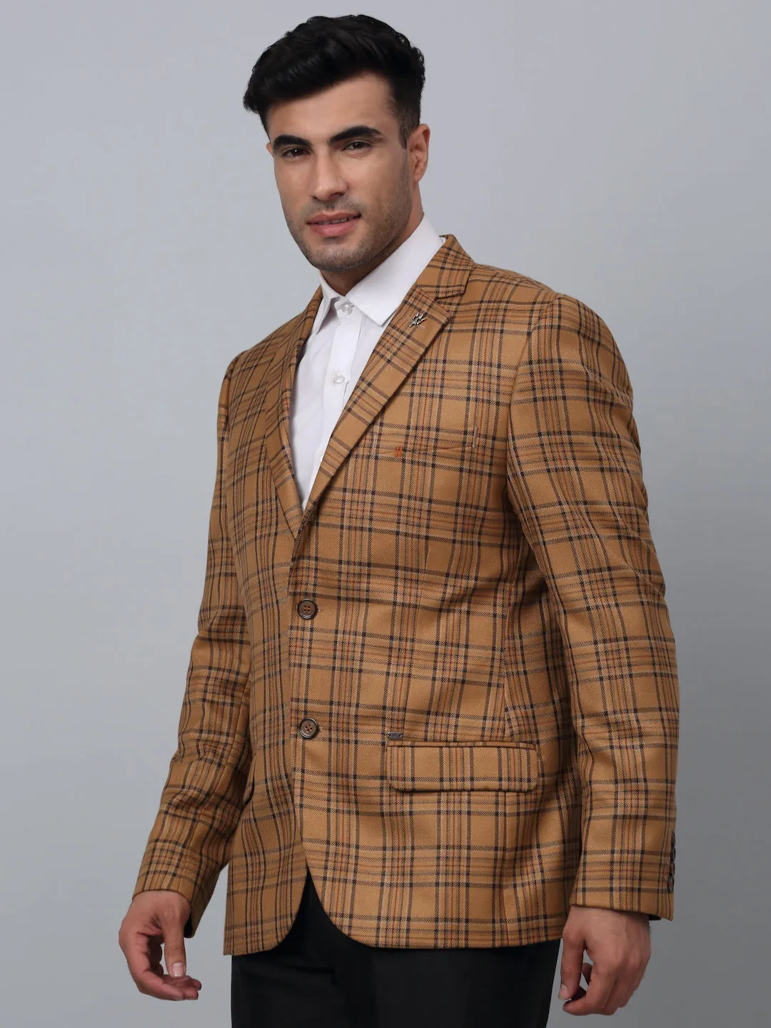 Light Brown Checkered Full Sleeves Formal Blazer For Men