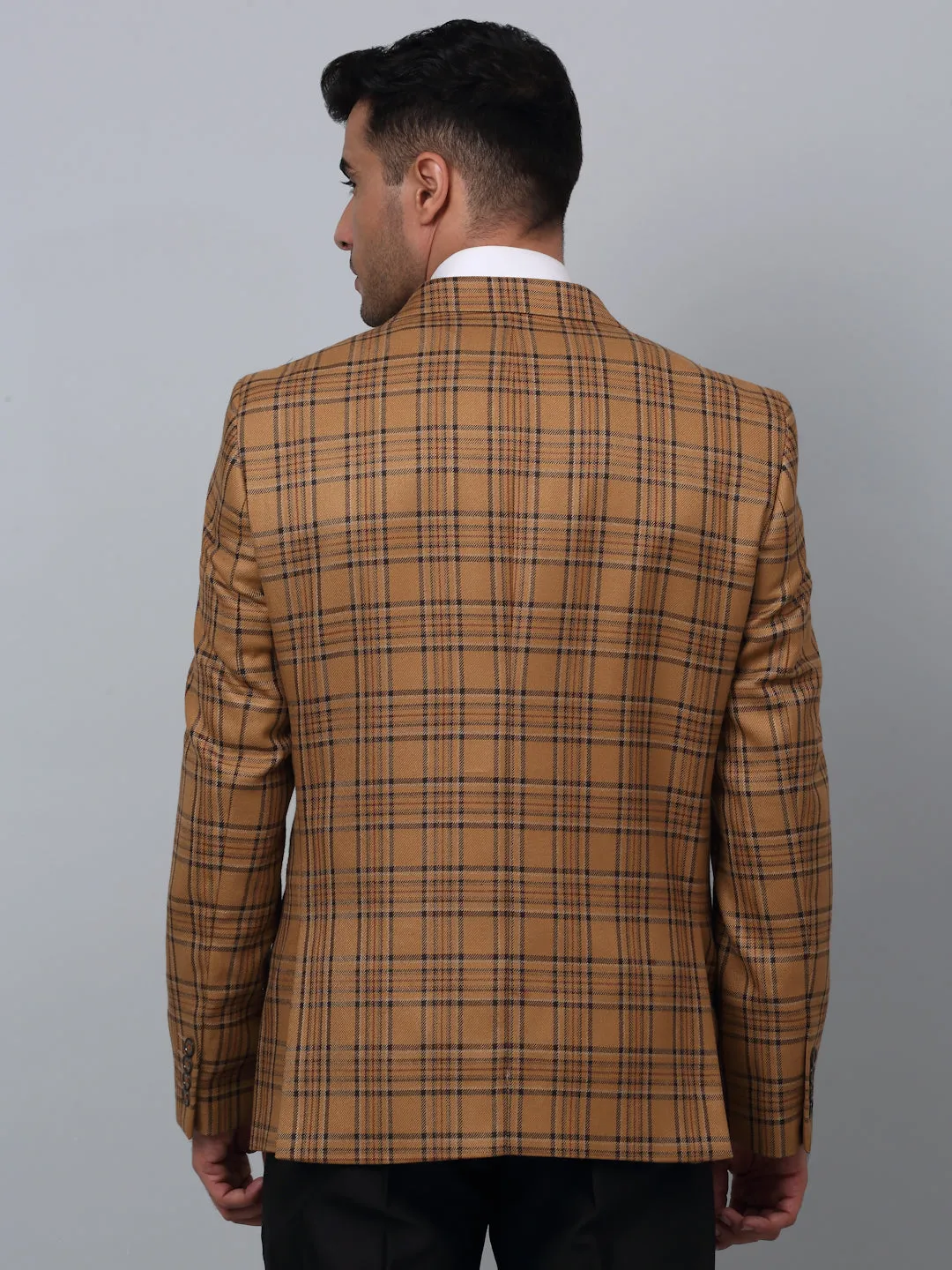 Light Brown Checkered Full Sleeves Formal Blazer For Men