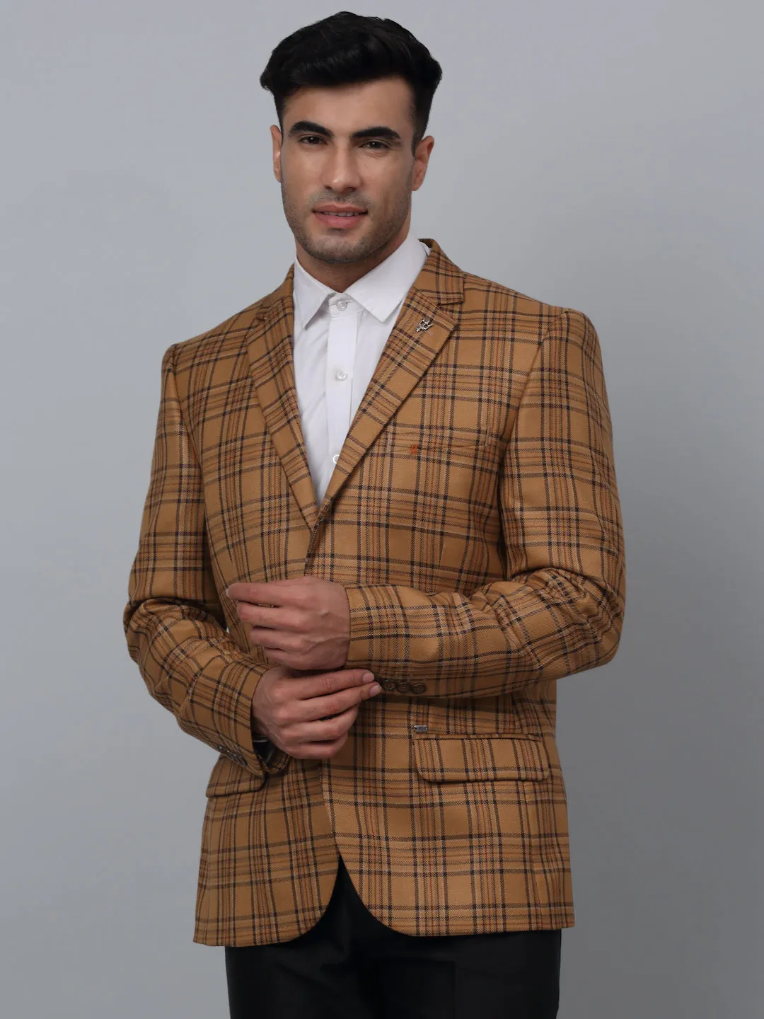 Light Brown Checkered Full Sleeves Formal Blazer For Men