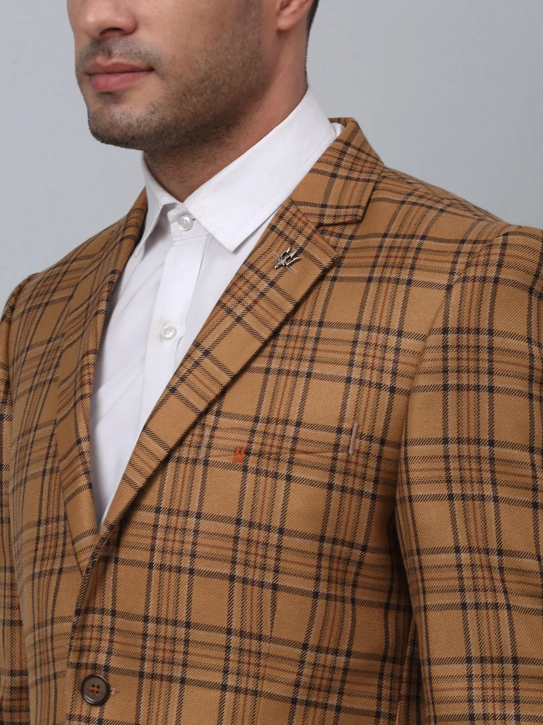 Light Brown Checkered Full Sleeves Formal Blazer For Men