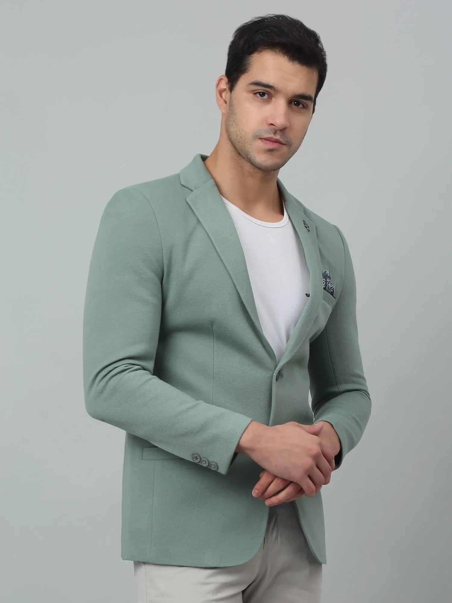 Light Green Self Design Full Sleeves Casual Blazer For Men