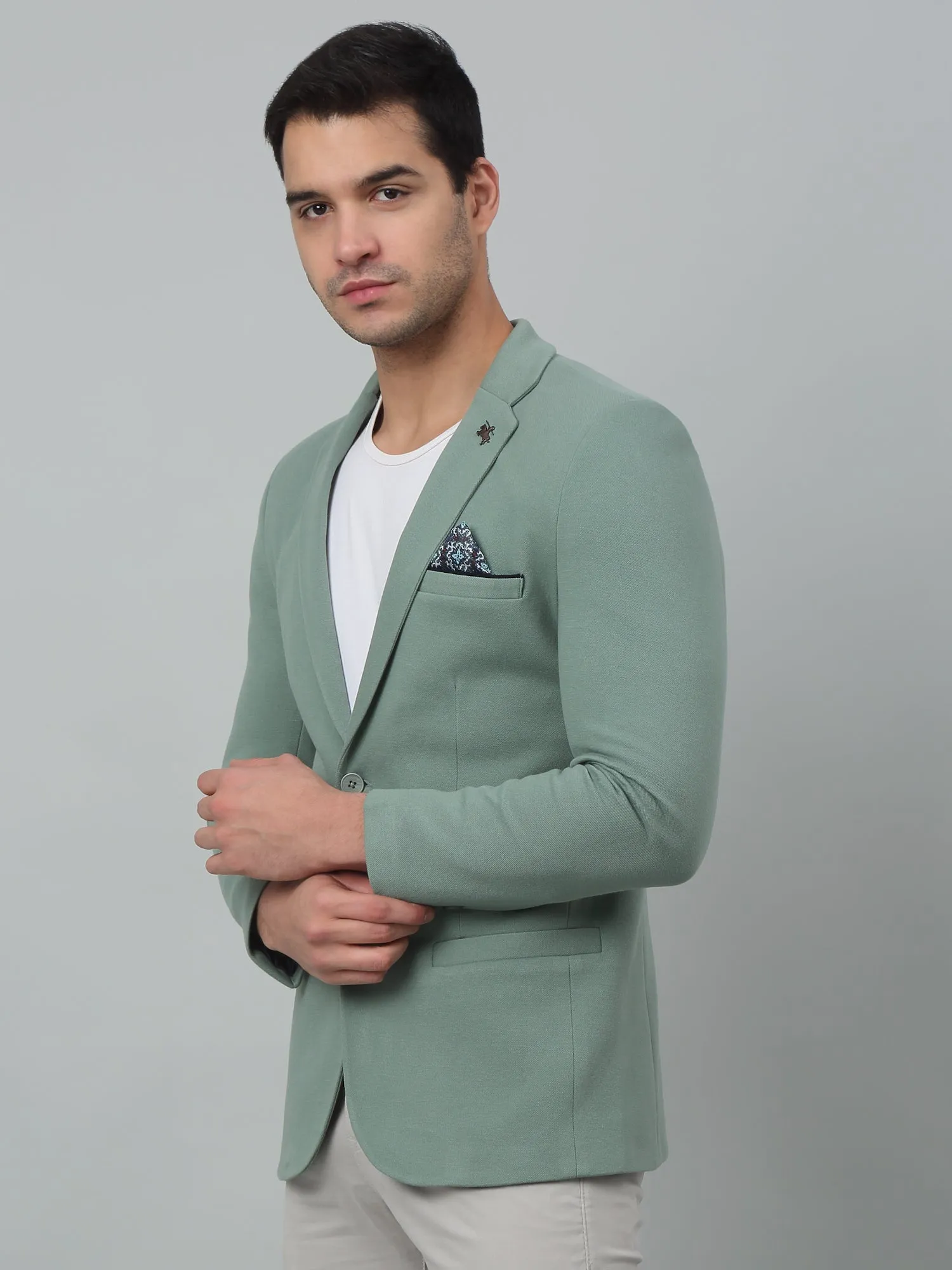 Light Green Self Design Full Sleeves Casual Blazer For Men