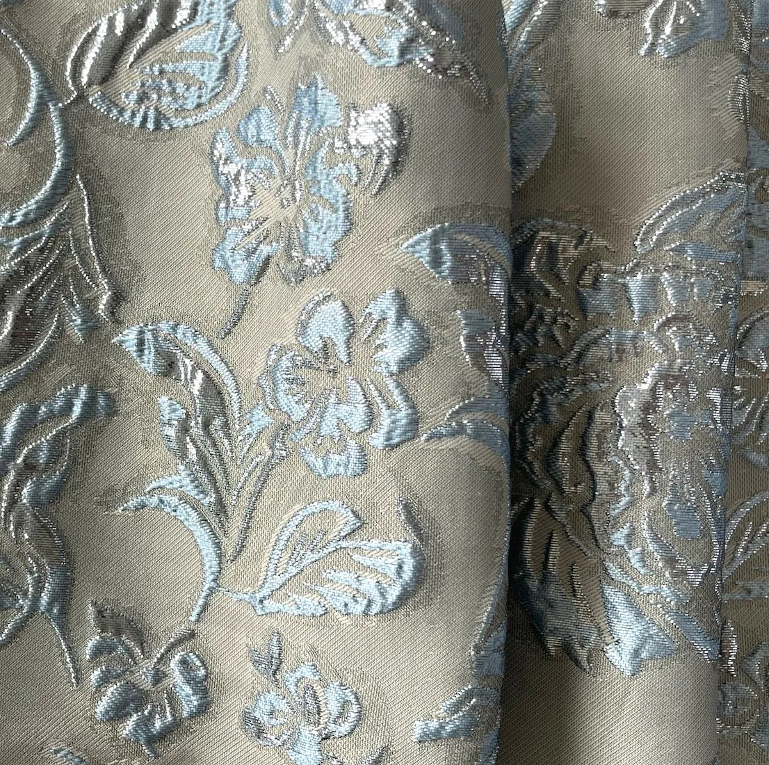 Lighter-Weight Floral Metallic Powder Blue Polyester Blend Brocade