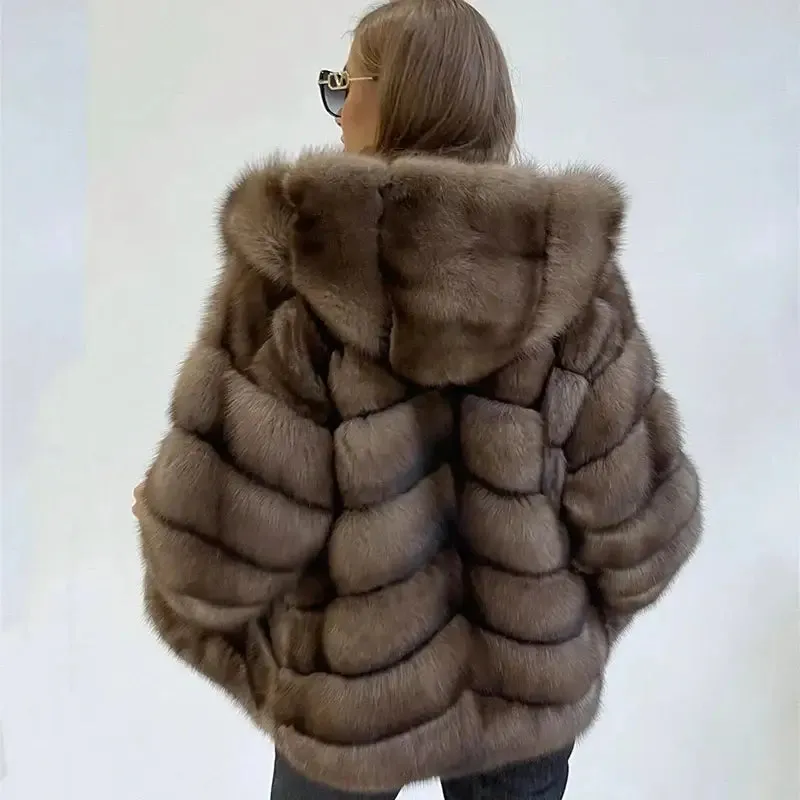 Luxurious Genuine Mink Fur Coat with Hooded Fur Trim