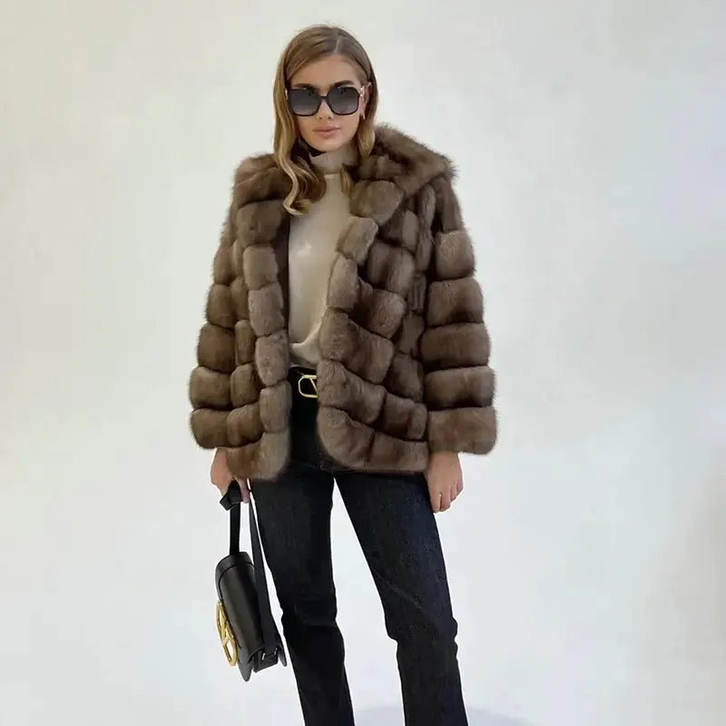 Luxurious Genuine Mink Fur Coat with Hooded Fur Trim