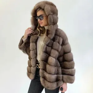 Luxurious Genuine Mink Fur Coat with Hooded Fur Trim