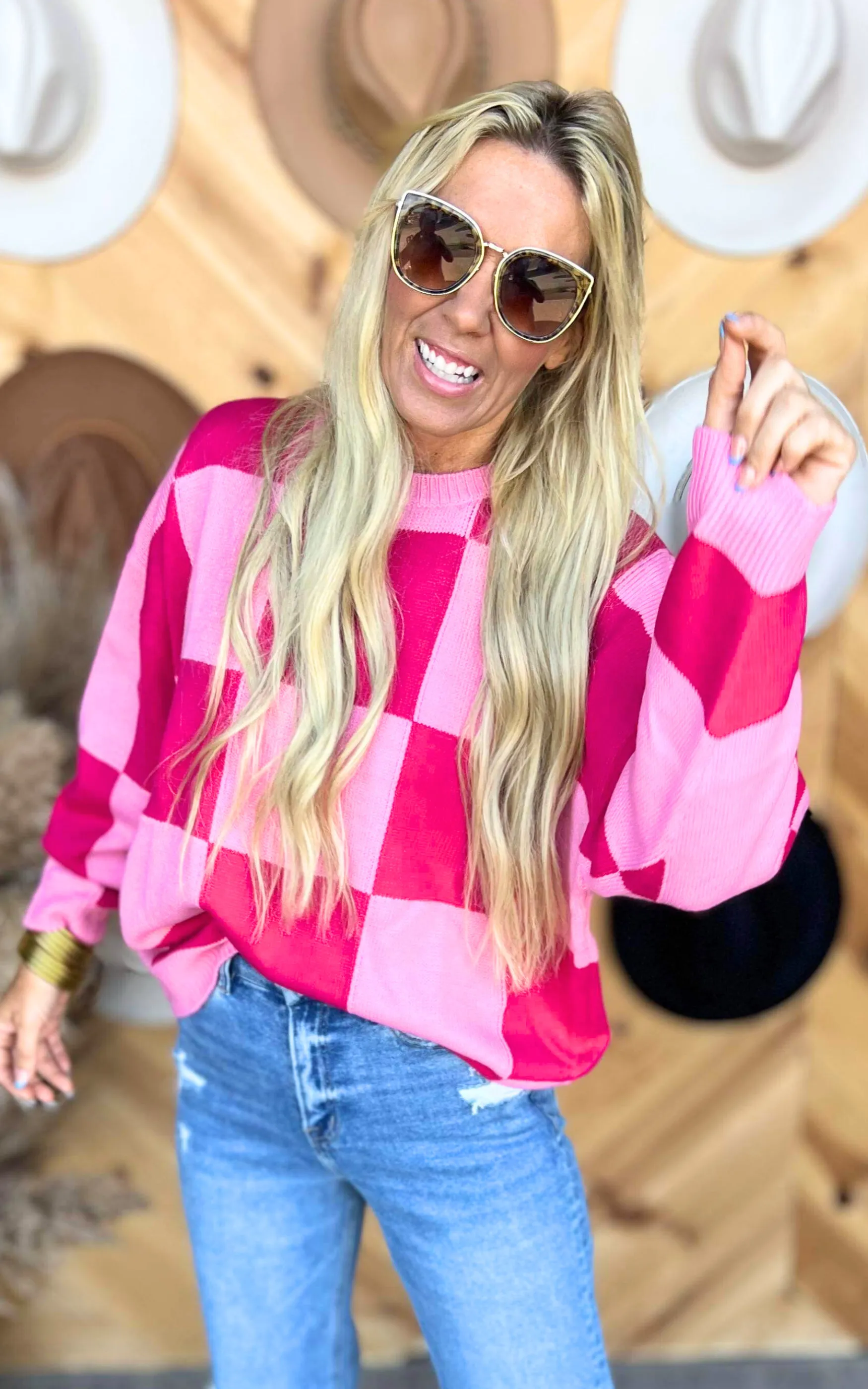 Magenta Oversized Checkered Sweater