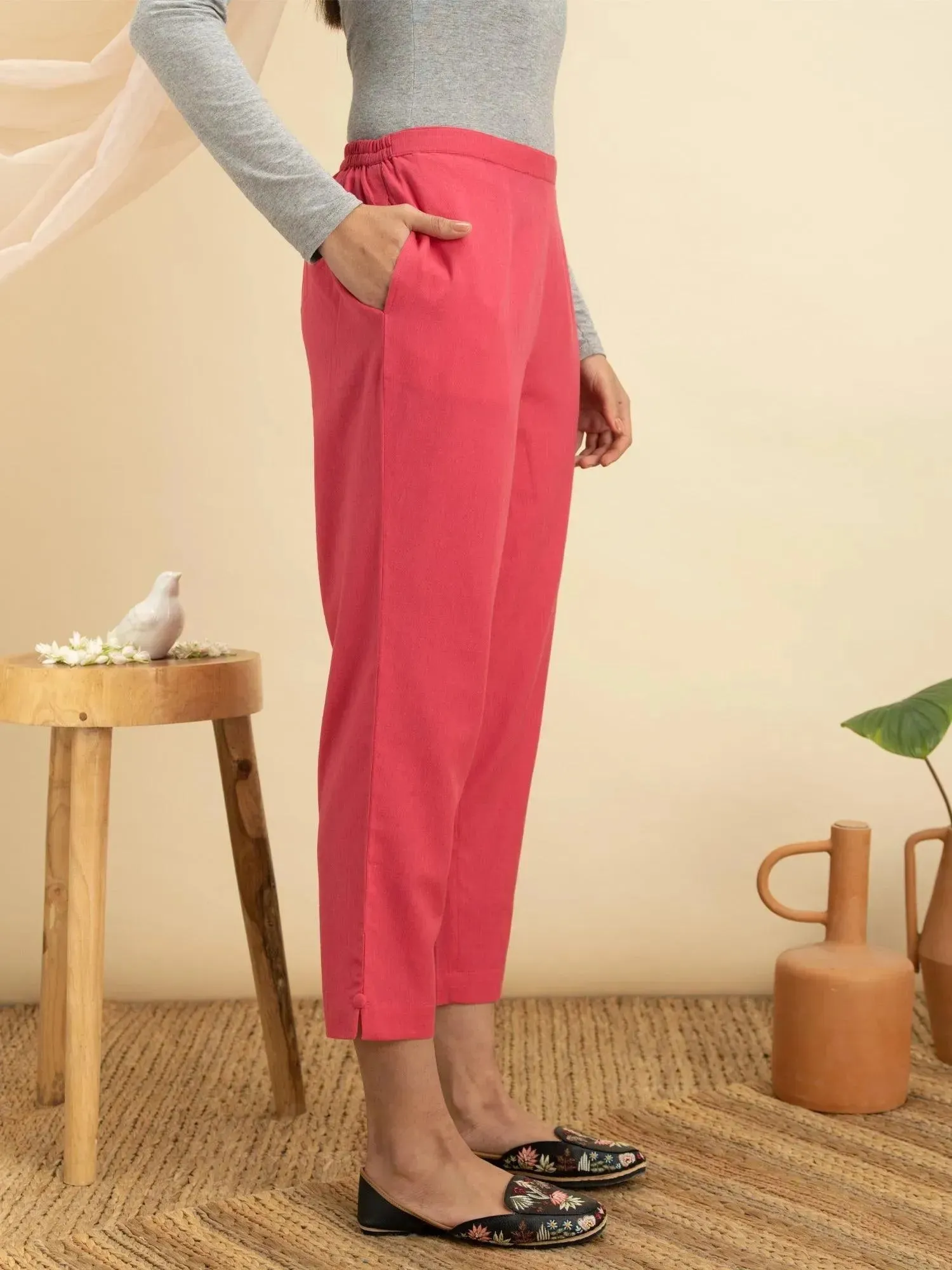 Magenta Solid Cotton Trousers