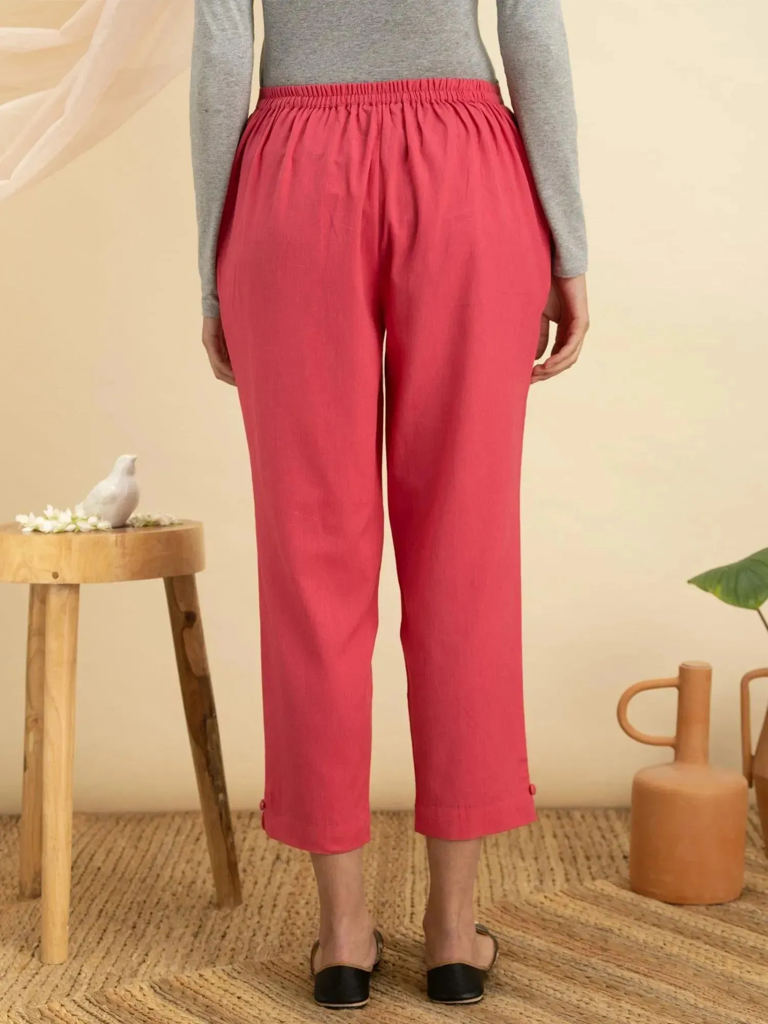 Magenta Solid Cotton Trousers