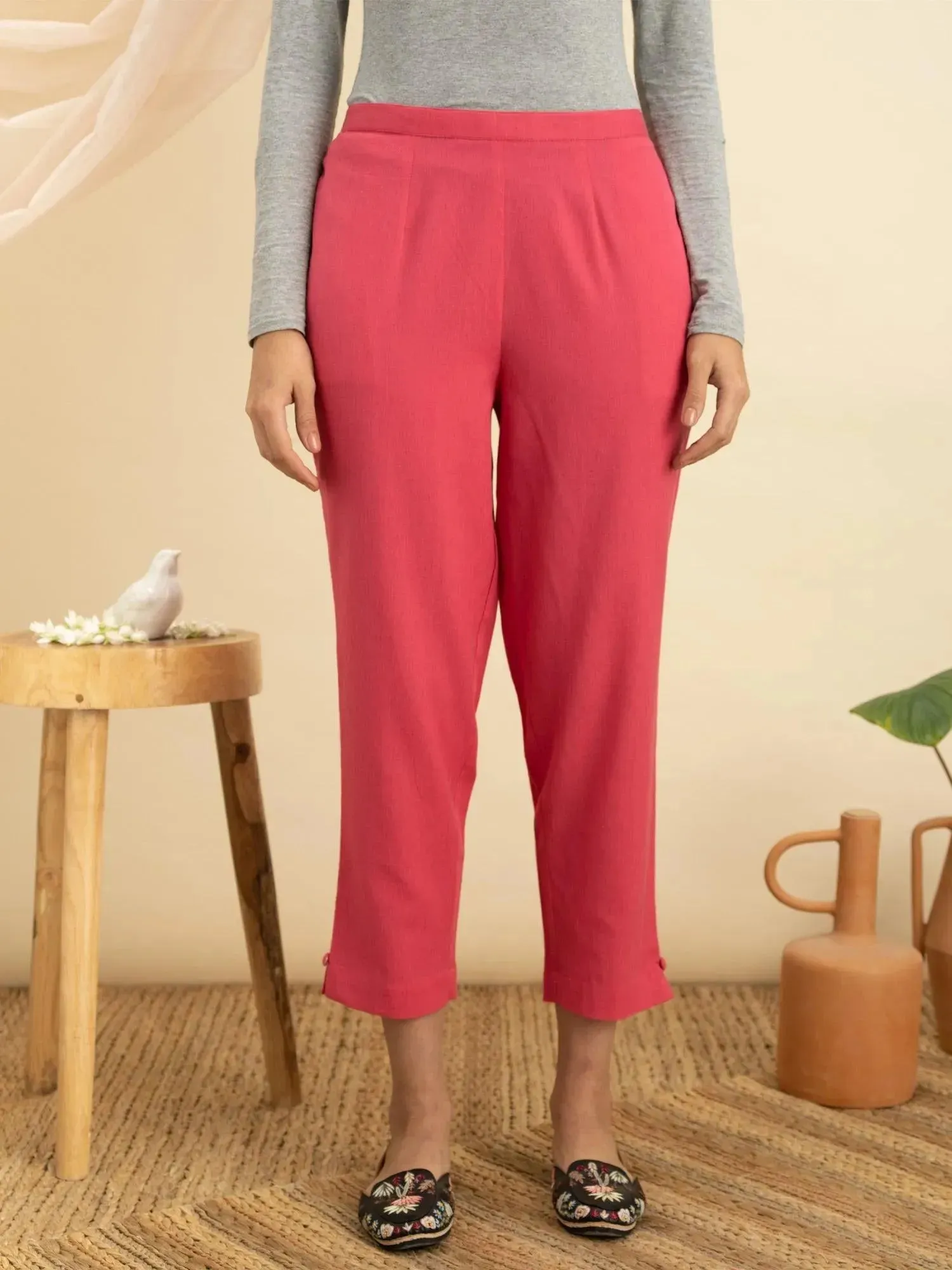 Magenta Solid Cotton Trousers