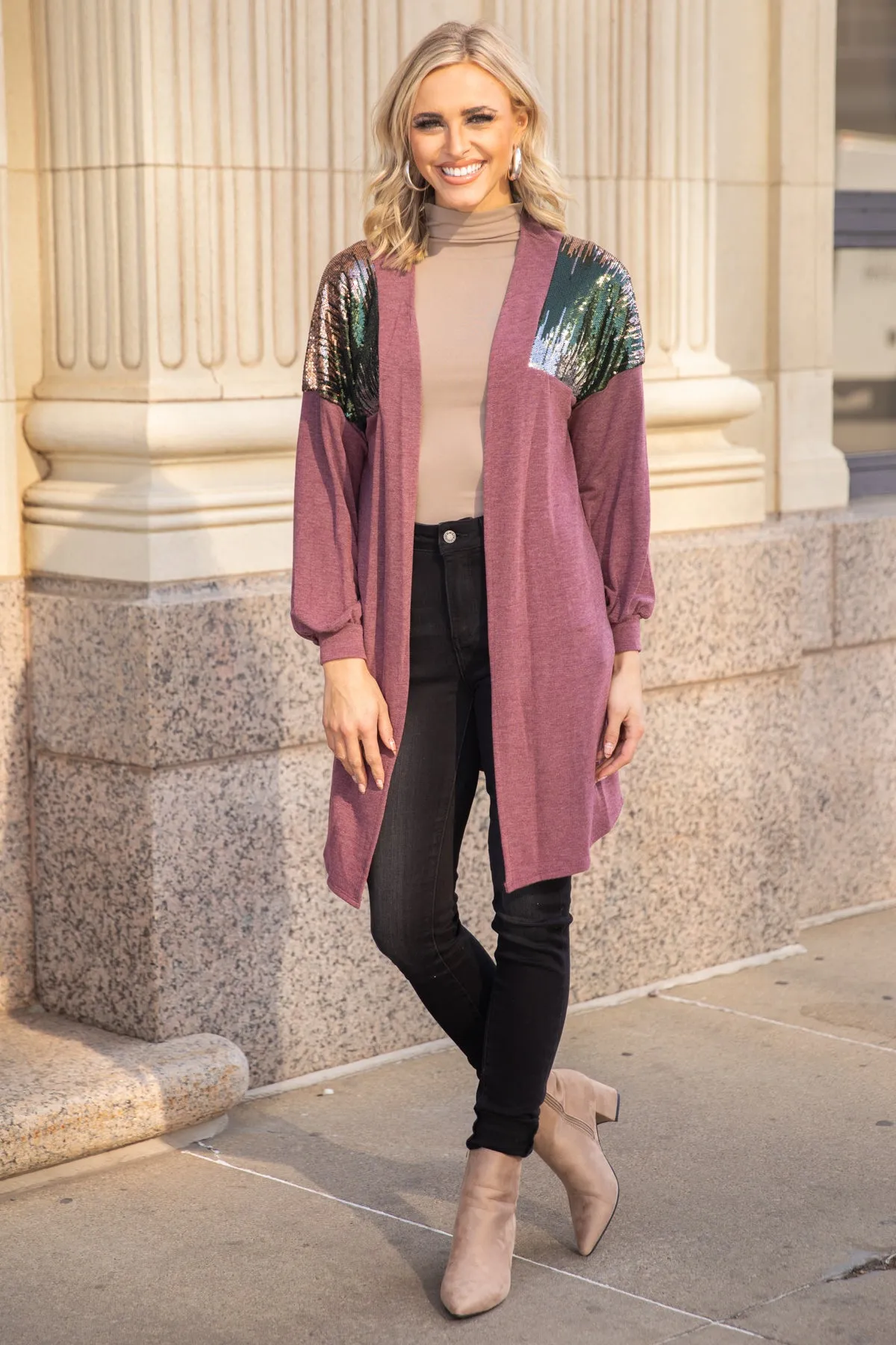 Mauve Cardigan With Sequin Shoulders