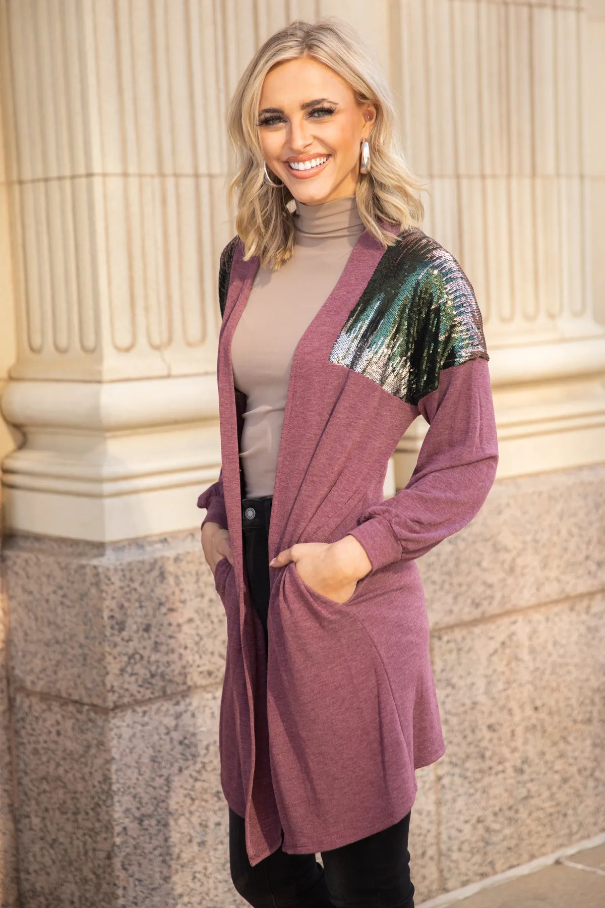 Mauve Cardigan With Sequin Shoulders