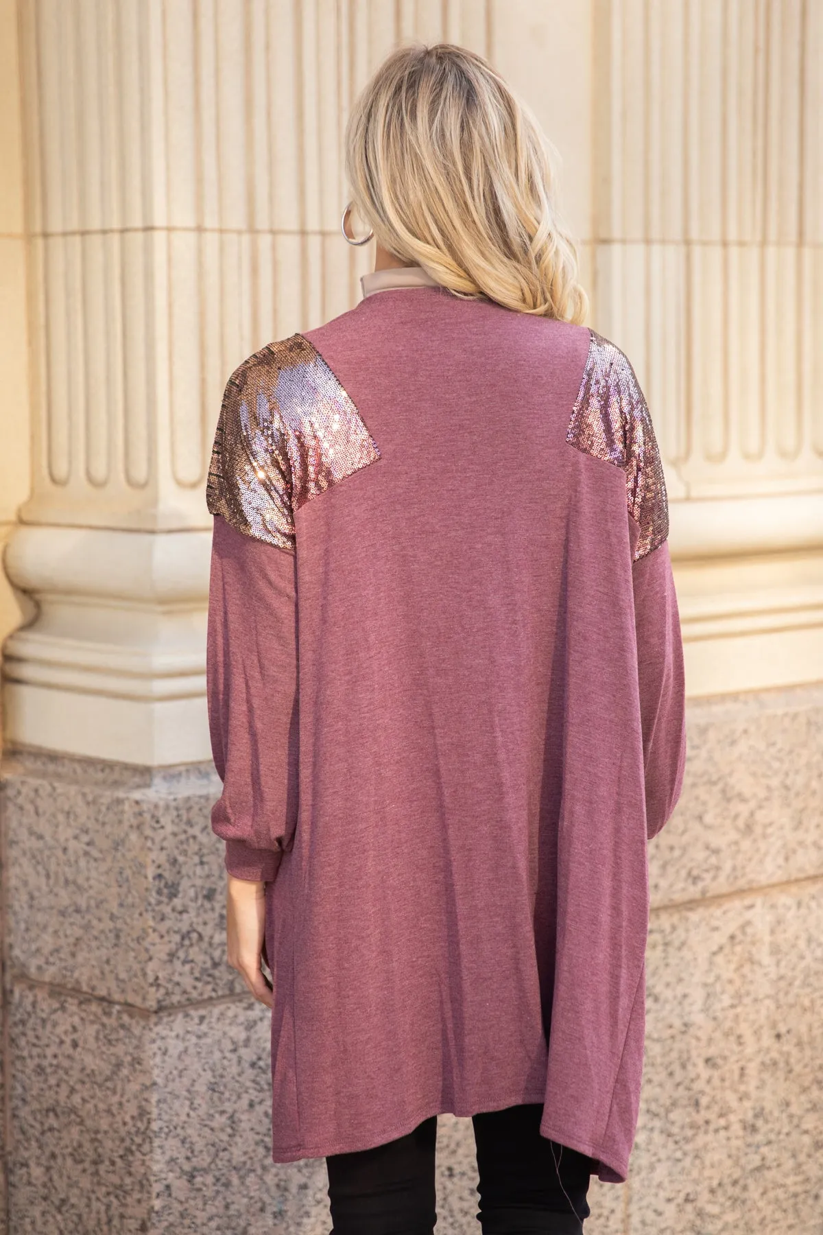 Mauve Cardigan With Sequin Shoulders