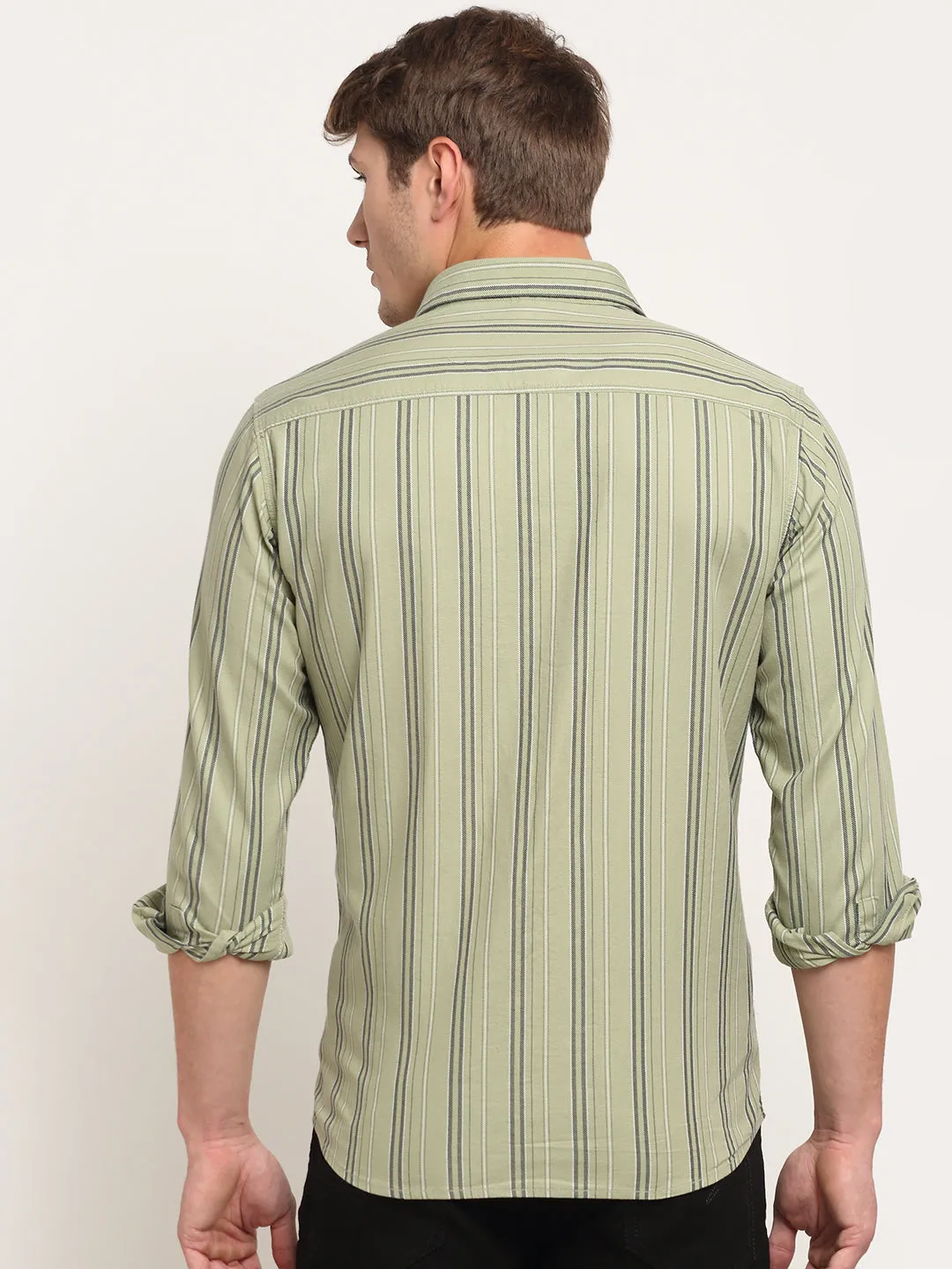 Men Cotton Striped Green Full Sleeve Casual Shirt for Men with Pocket