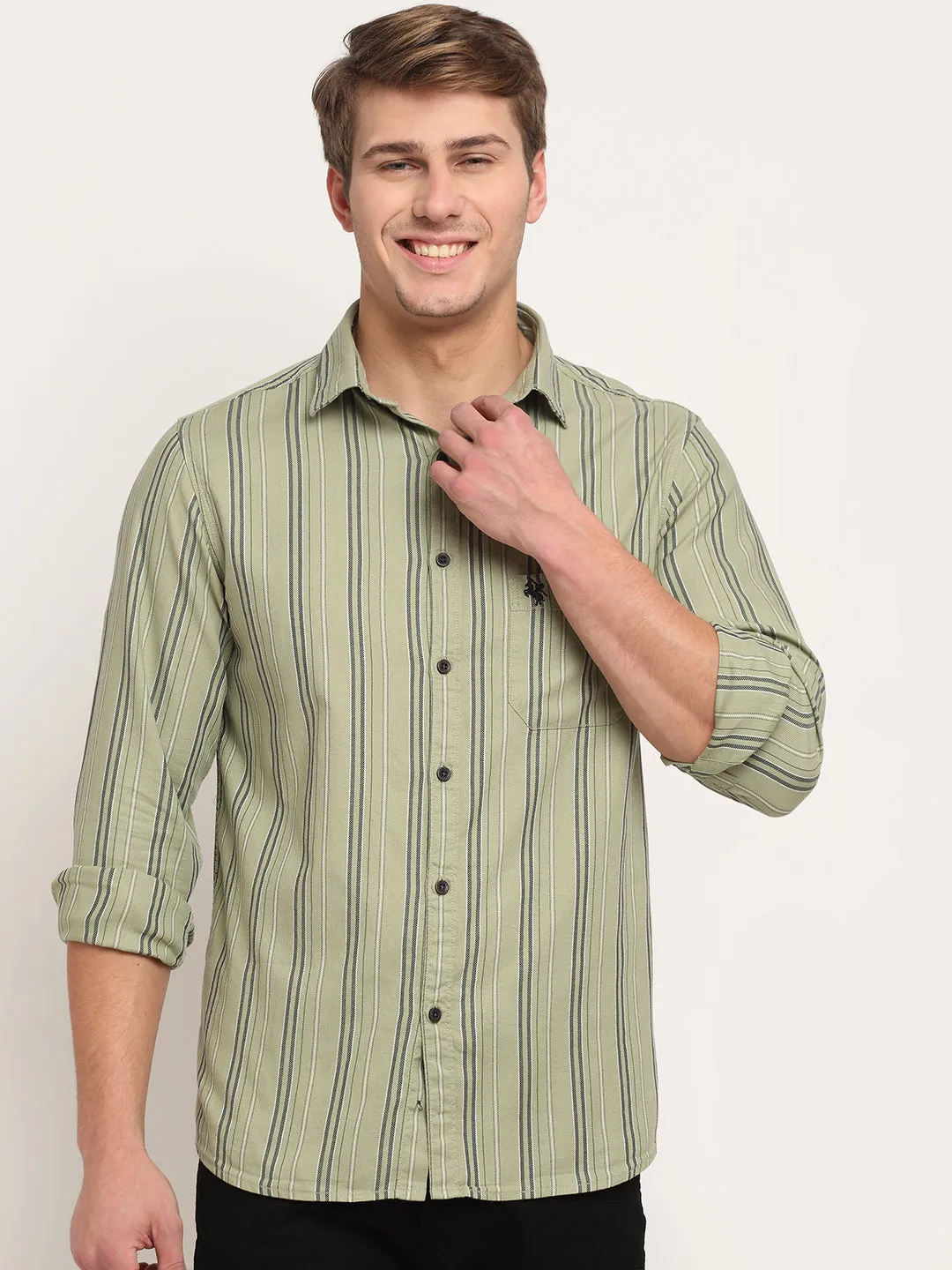 Men Cotton Striped Green Full Sleeve Casual Shirt for Men with Pocket