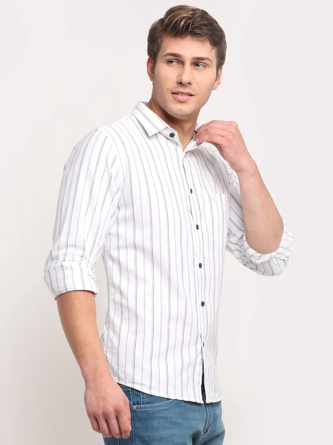 Men Cotton Striped White Full Sleeve Casual Shirt for Men with Pocket