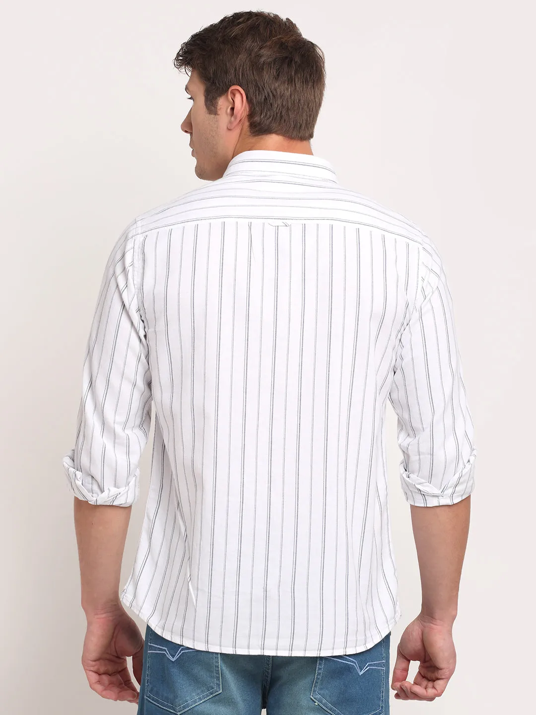 Men Cotton Striped White Full Sleeve Casual Shirt for Men with Pocket