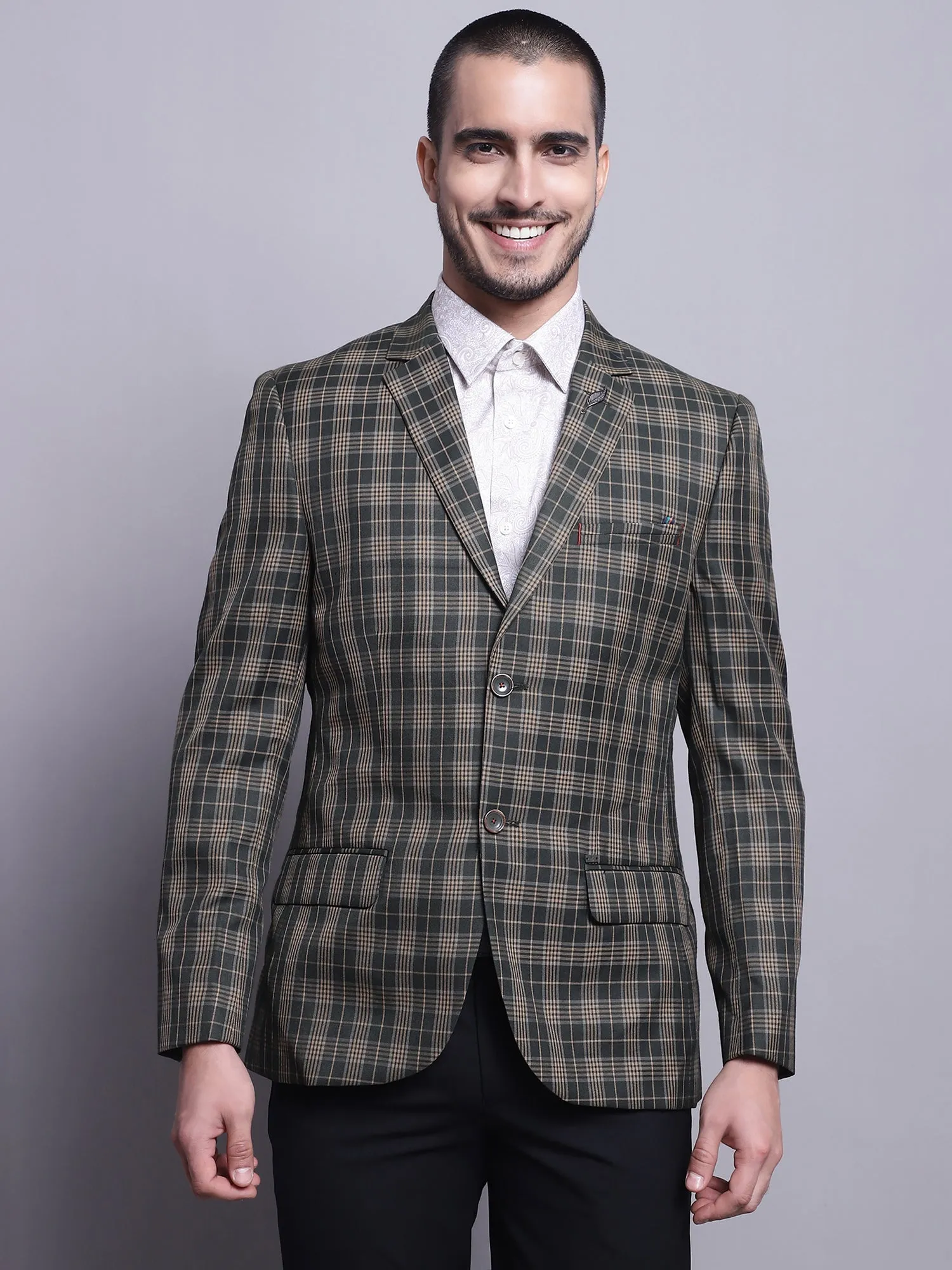 Men Olive checked Full Sleeves Formal Blazer