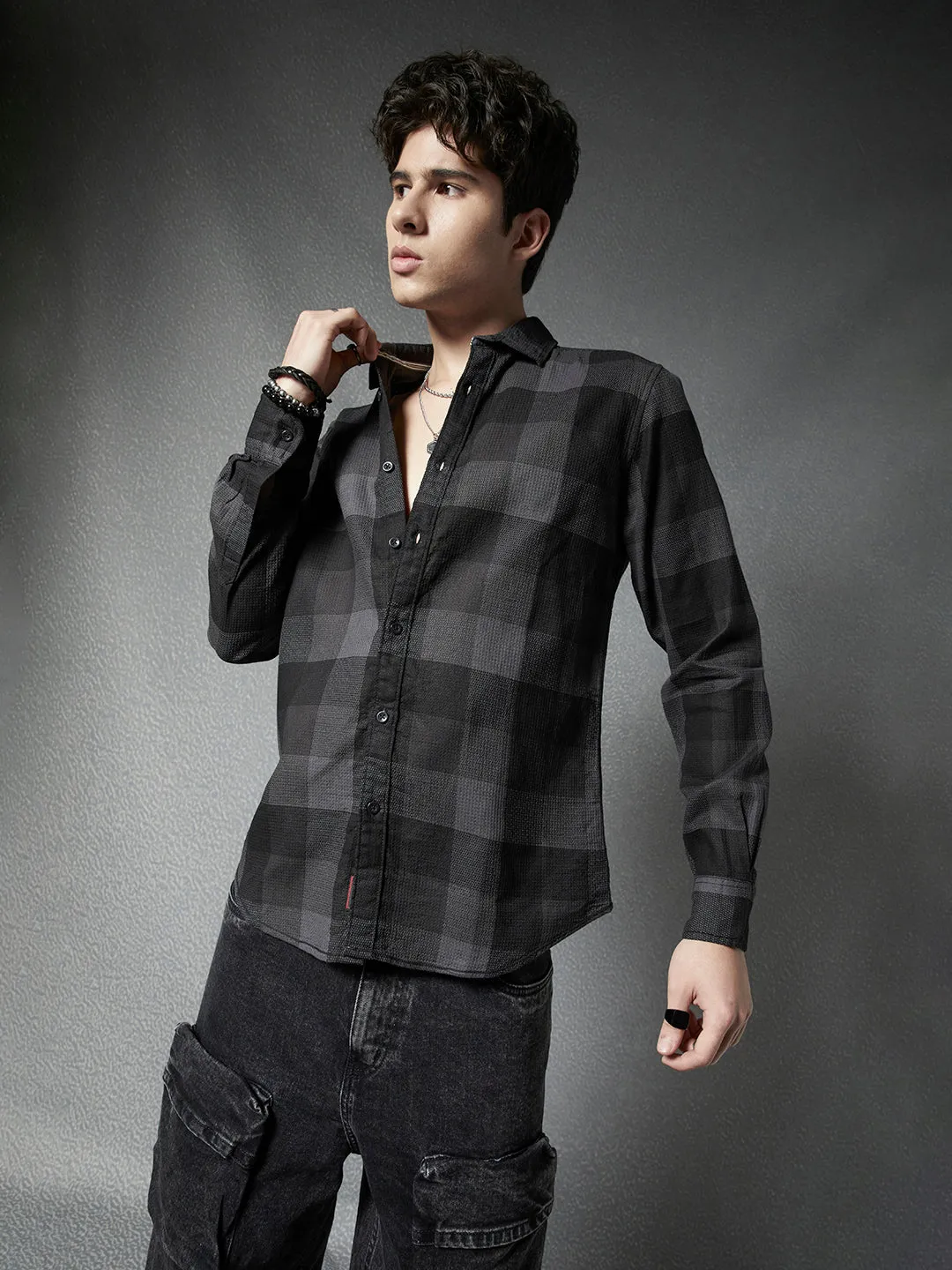 Men Regular Fit Waffle Structured Window Check Print Black Grey Casual Shirt