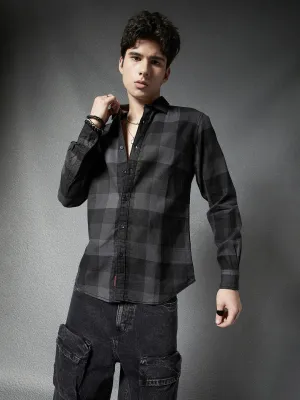 Men Regular Fit Waffle Structured Window Check Print Black Grey Casual Shirt