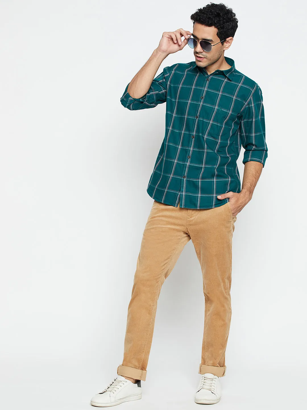 Men's Bottle Green Casual Big Checks Full Sleeve Shirt