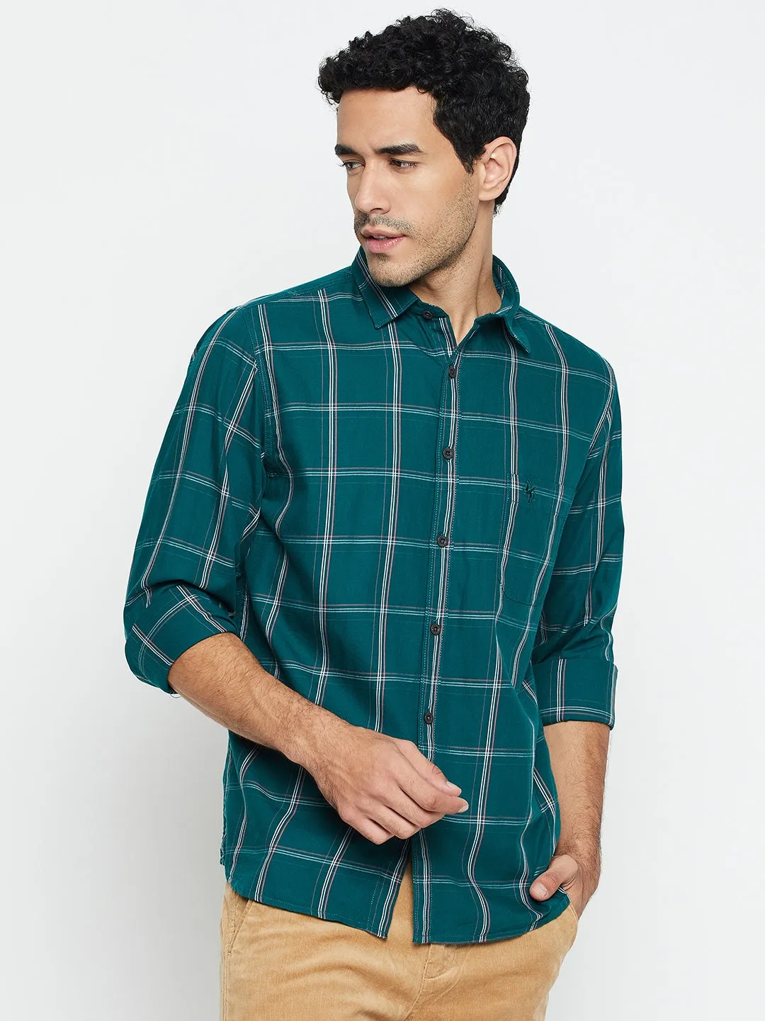 Men's Bottle Green Casual Big Checks Full Sleeve Shirt