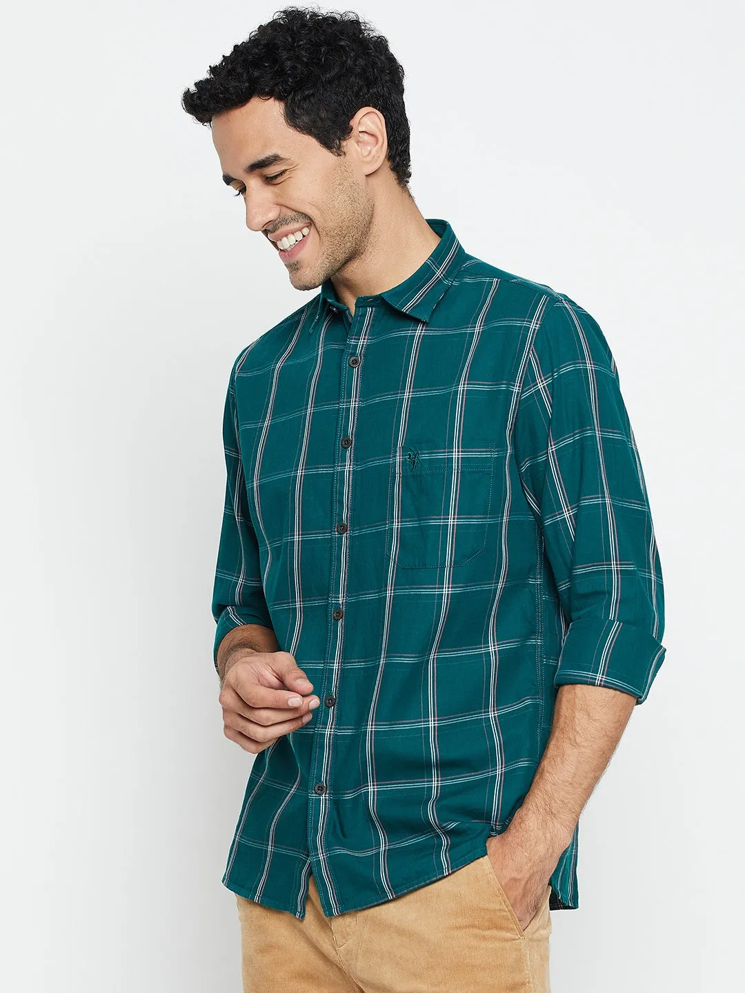 Men's Bottle Green Casual Big Checks Full Sleeve Shirt