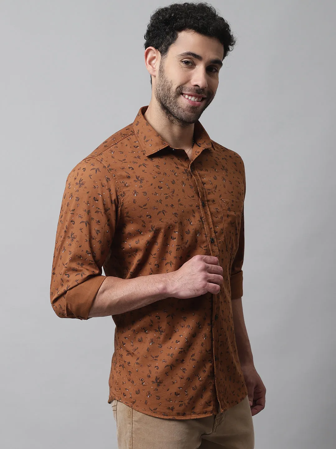 Men's Brown Casual Floral Print Full Sleeve Shirt