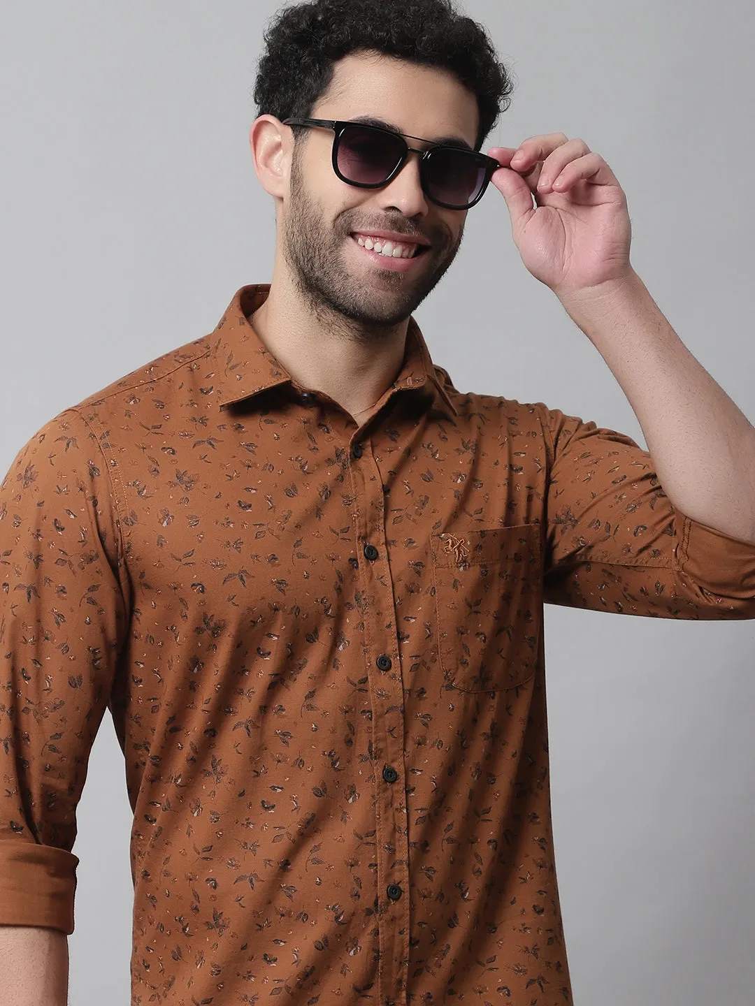 Men's Brown Casual Floral Print Full Sleeve Shirt