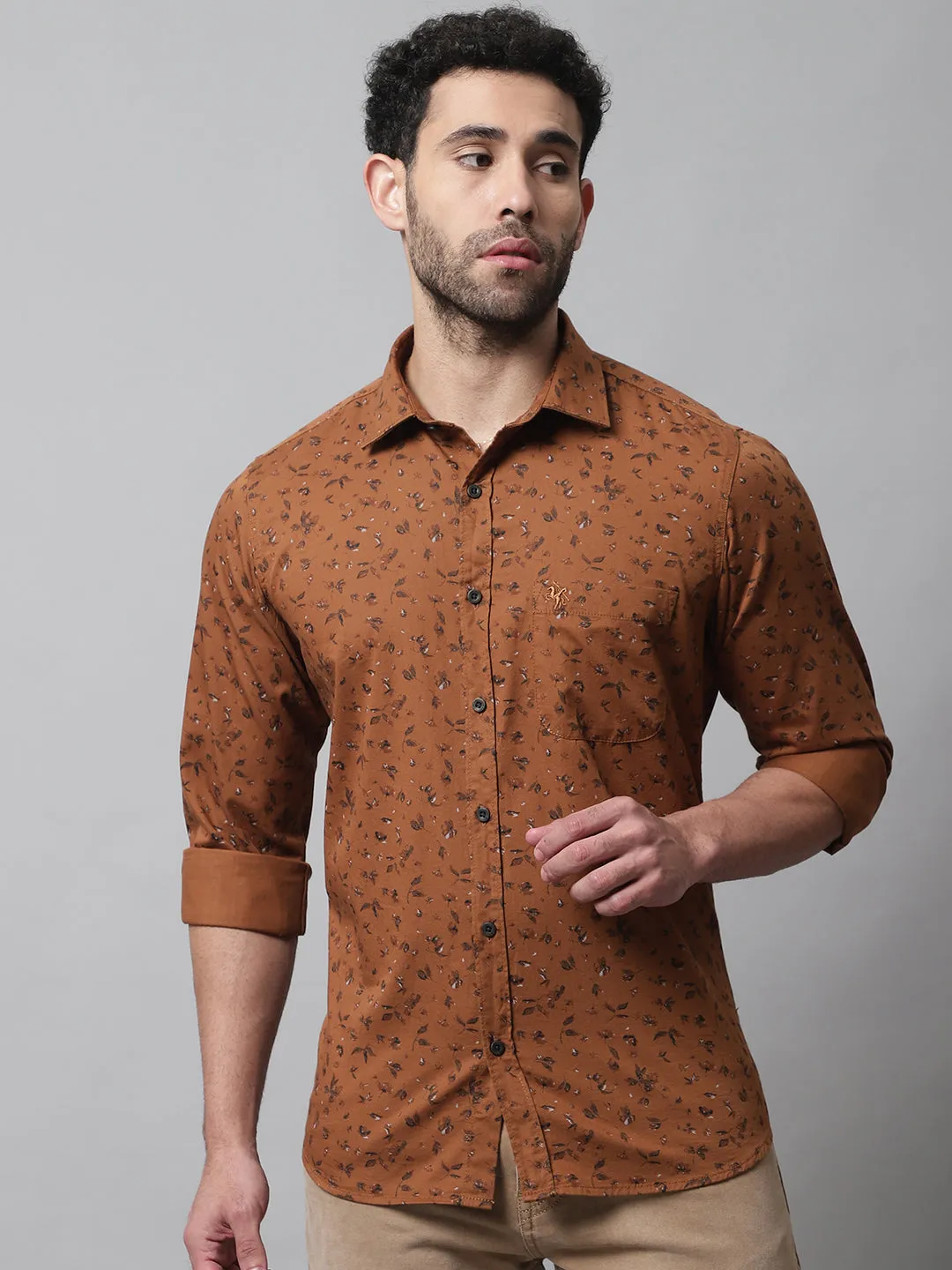 Men's Brown Casual Floral Print Full Sleeve Shirt