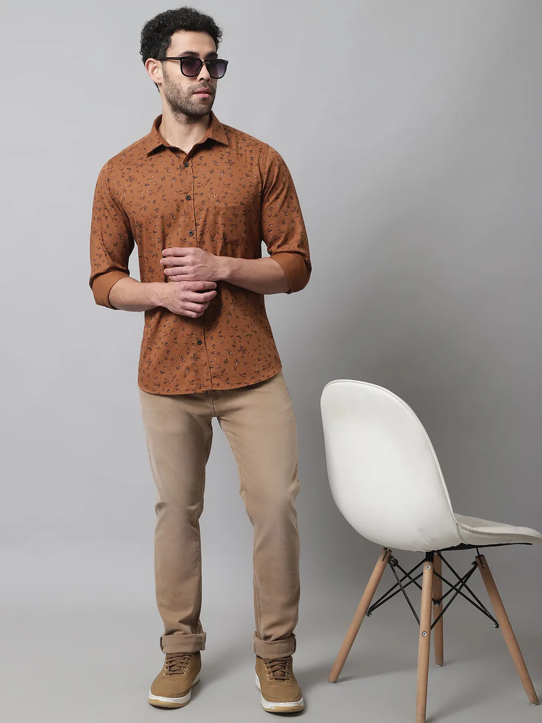 Men's Brown Casual Floral Print Full Sleeve Shirt