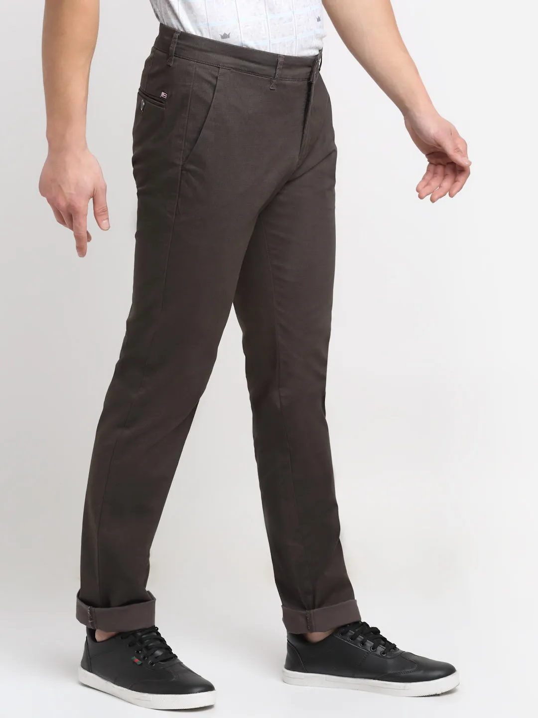 Men's Casual Flat front Dark Brown Checks Trousers