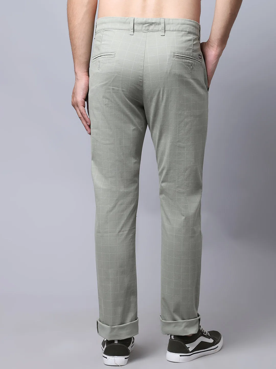 Men's Casual Flat front Light Olive Green Checks Trousers