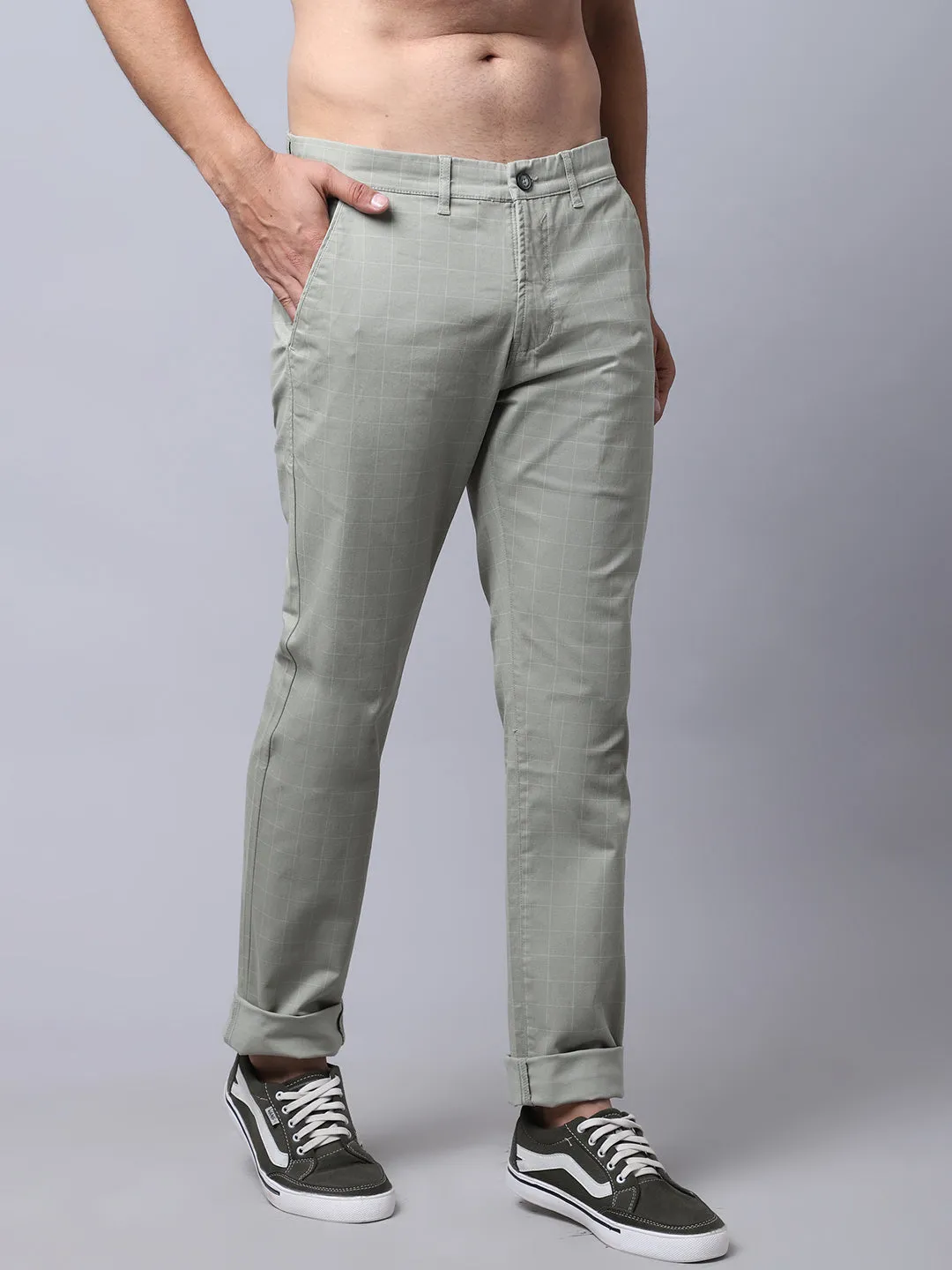 Men's Casual Flat front Light Olive Green Checks Trousers