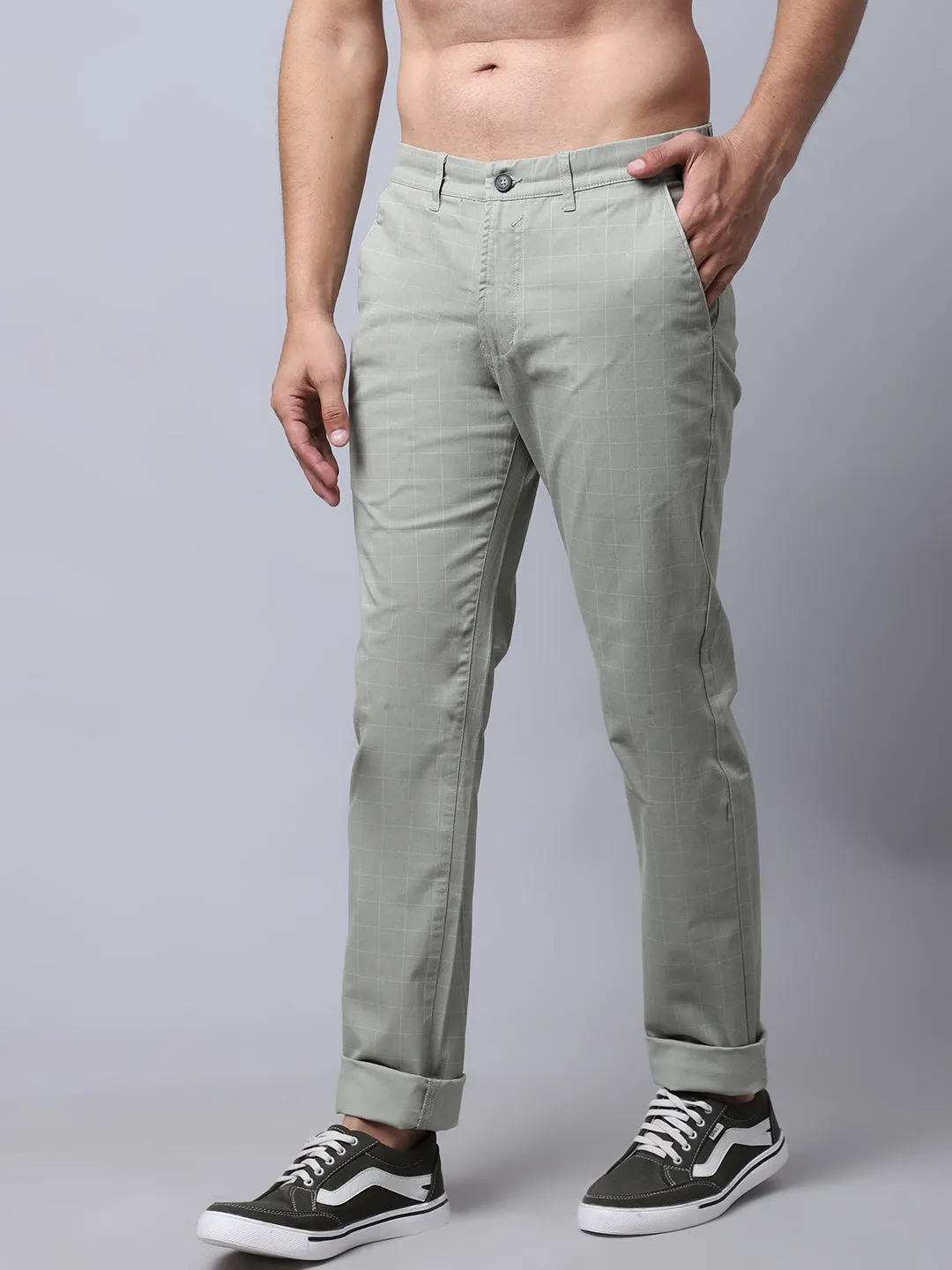 Men's Casual Flat front Light Olive Green Checks Trousers