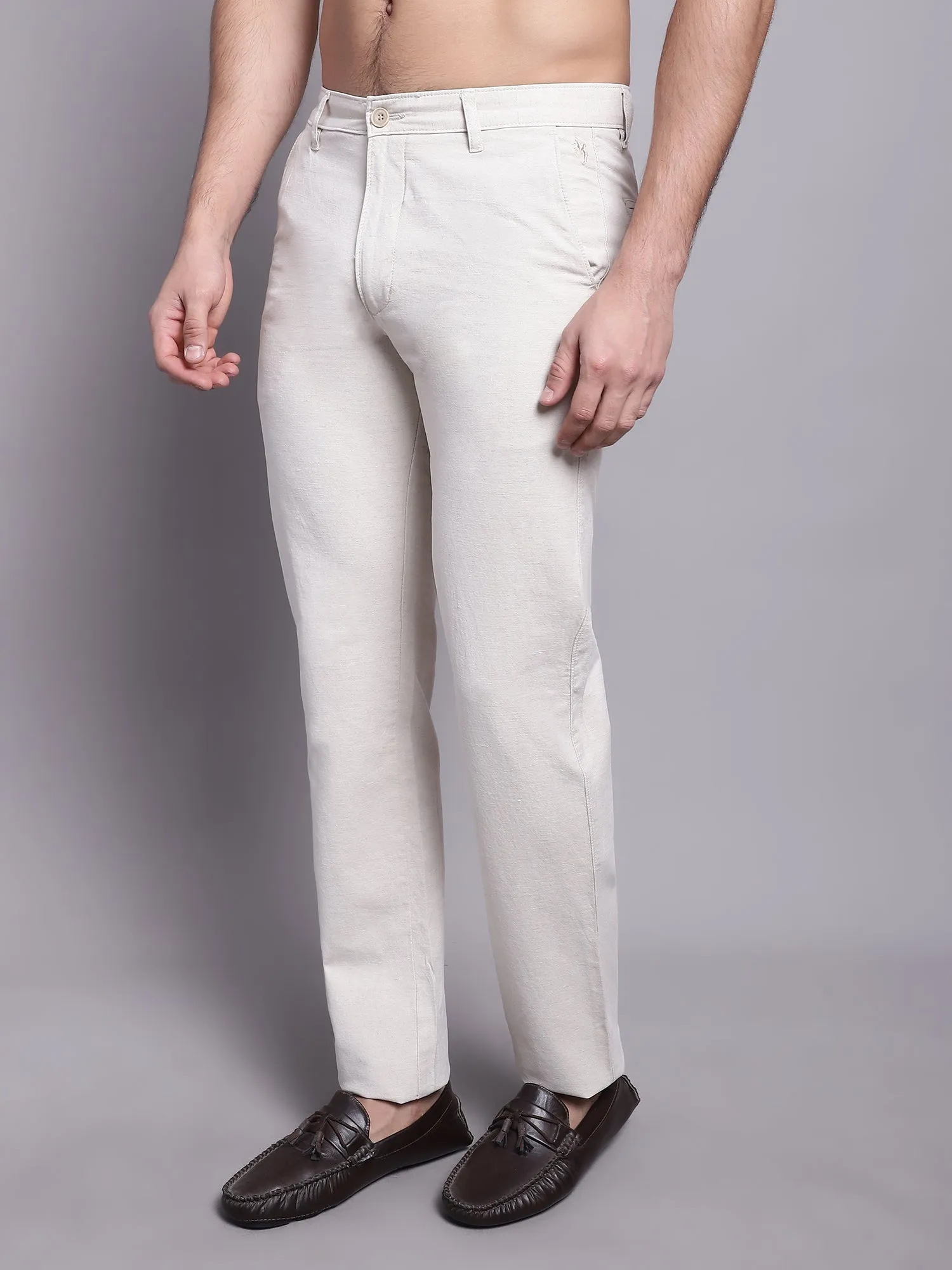 Men's Casual Flat front Offwhite  Trousers