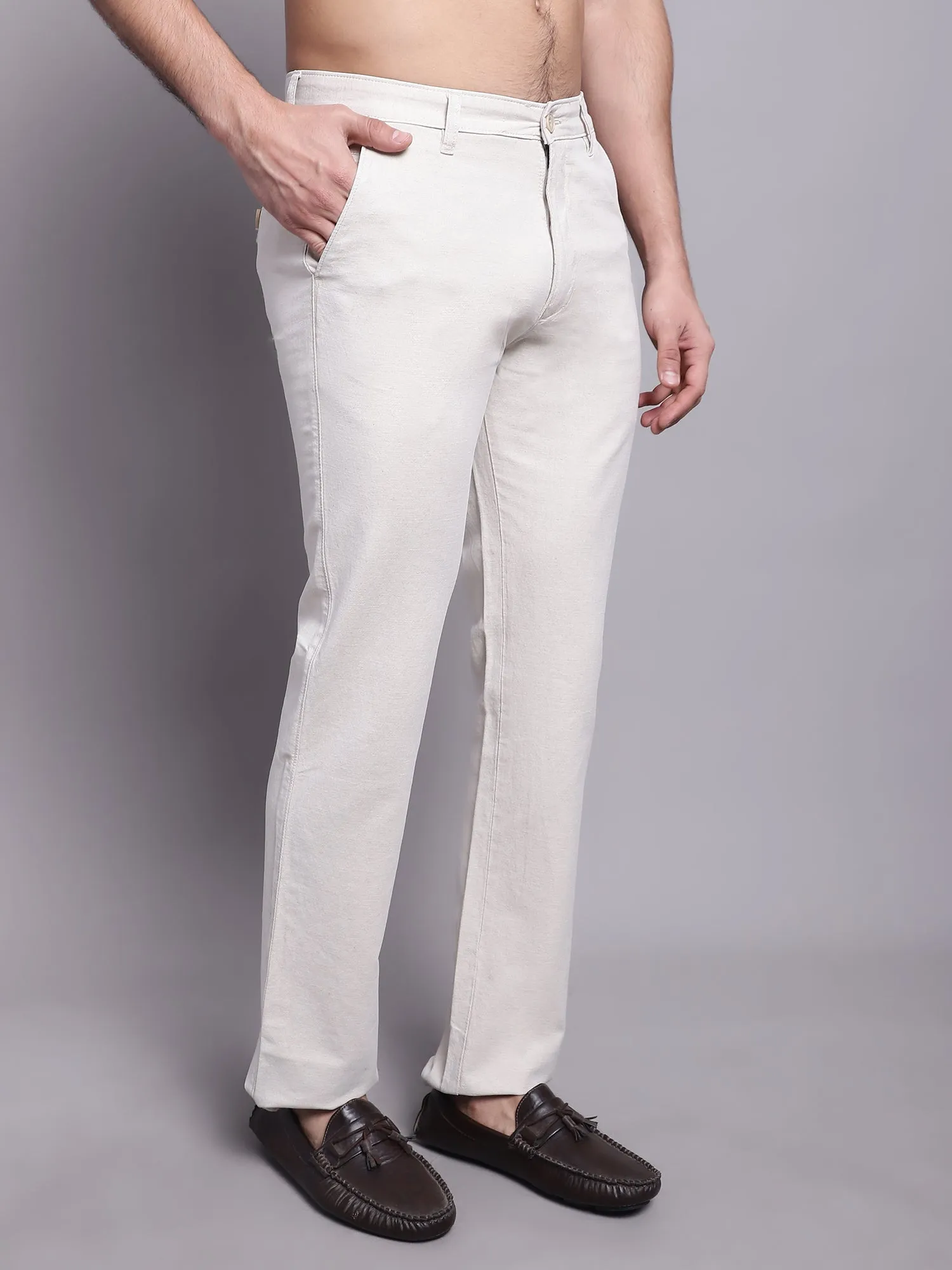 Men's Casual Flat front Offwhite  Trousers