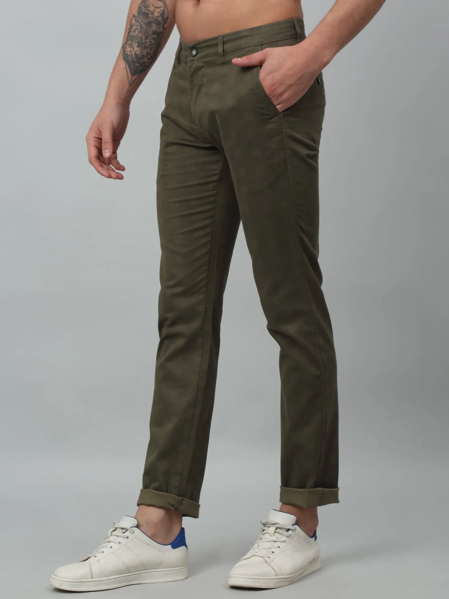 Men's Casual Flat front Olive Checks Trousers