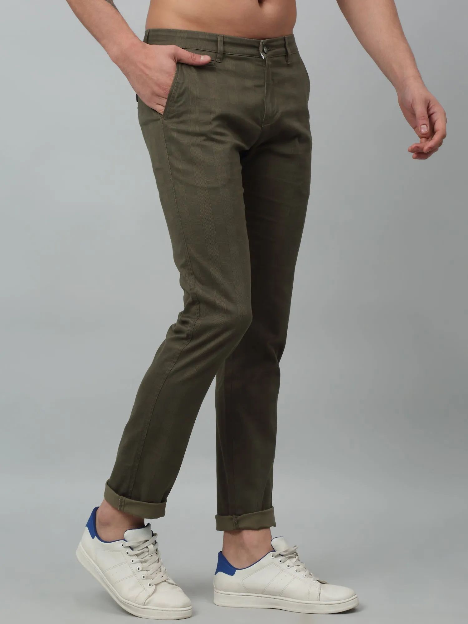 Men's Casual Flat front Olive Checks Trousers