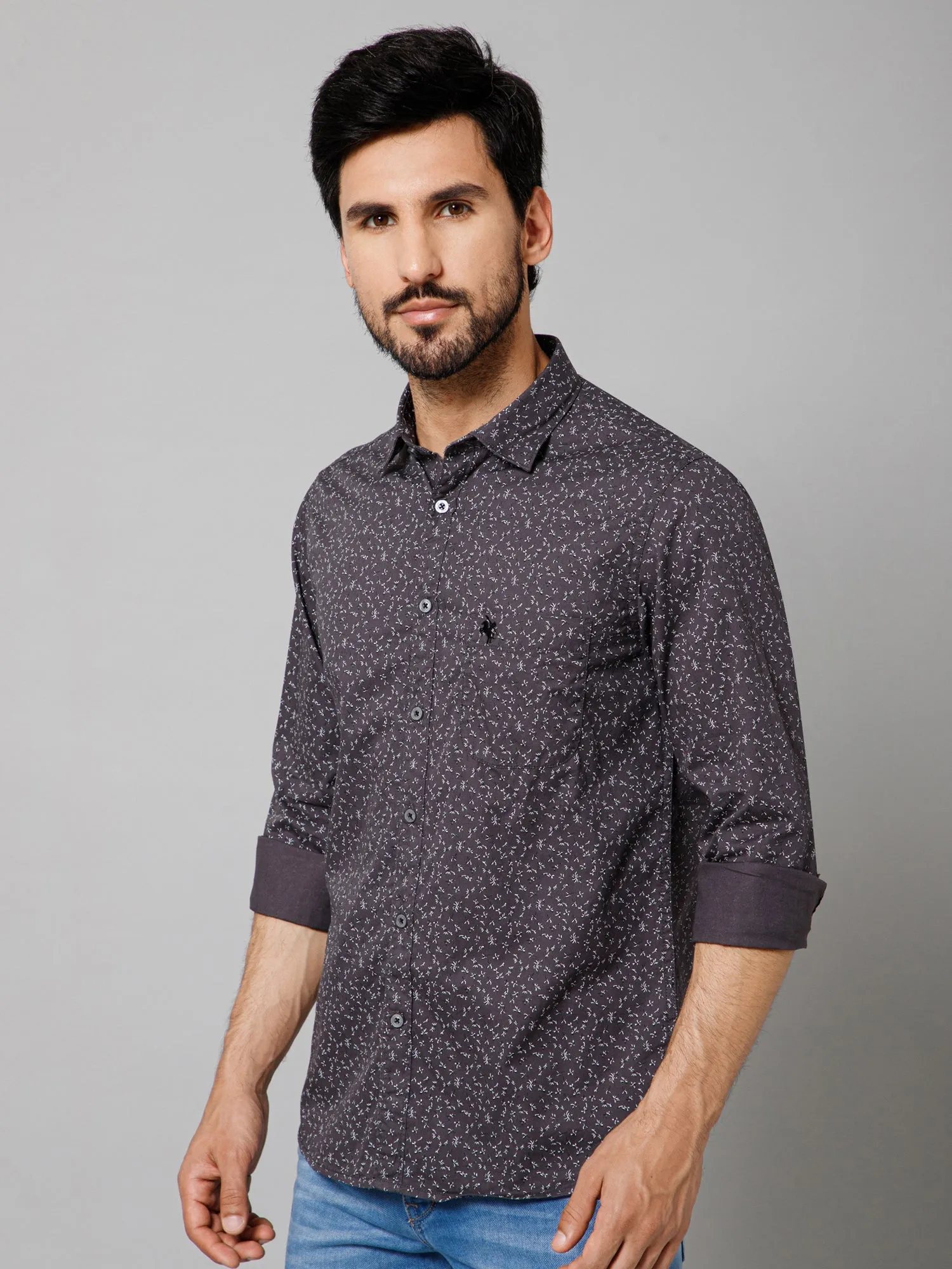 Men's Dark Grey Casual Floral Ditsy Print Full Sleeve Shirt