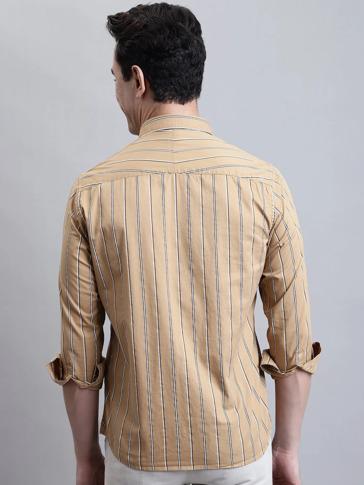 Men's Khaki Casual Stripe Print Full Sleeve Shirt